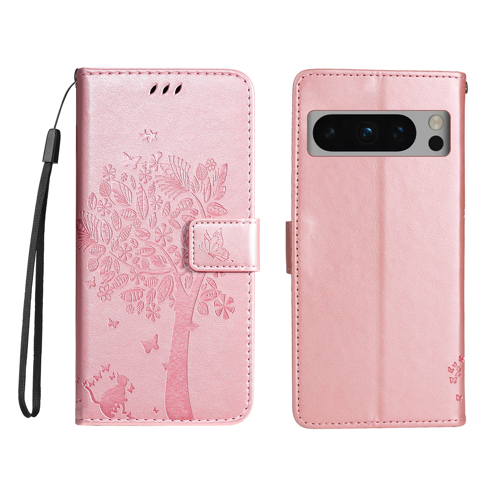 For Google Pixel 8 Pro Phone Case with Stand Cat Tree Pattern Leather Wallet Mobile Cover - Rose Gold