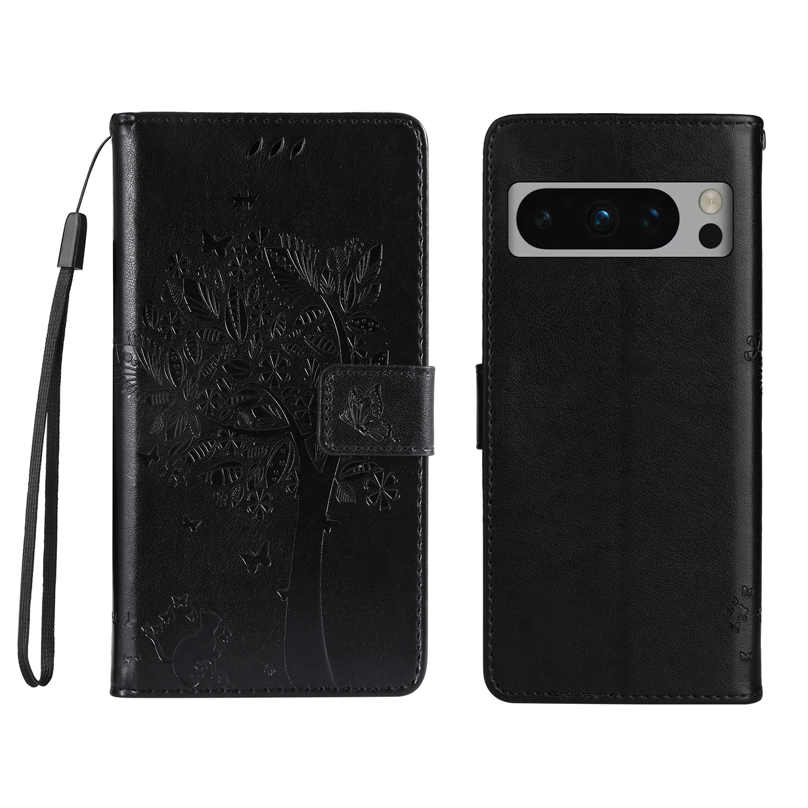 For Google Pixel 8 Pro Phone Case with Stand Cat Tree Pattern Leather Wallet Mobile Cover - Black