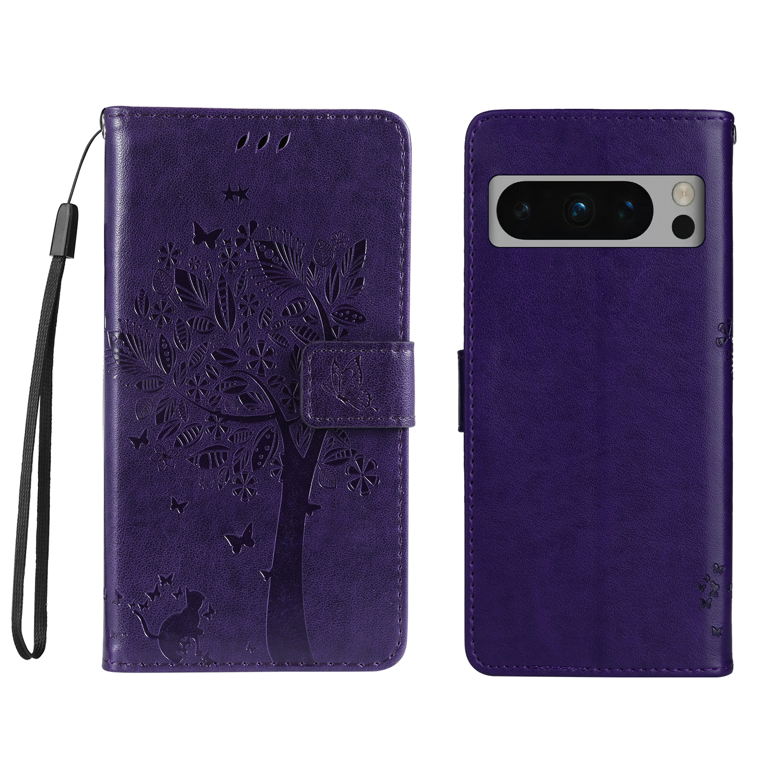 For Google Pixel 8 Pro Phone Case with Stand Cat Tree Pattern Leather Wallet Mobile Cover - Purple