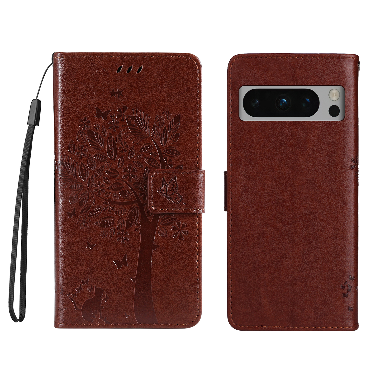 For Google Pixel 8 Pro Phone Case with Stand Cat Tree Pattern Leather Wallet Mobile Cover - Coffee