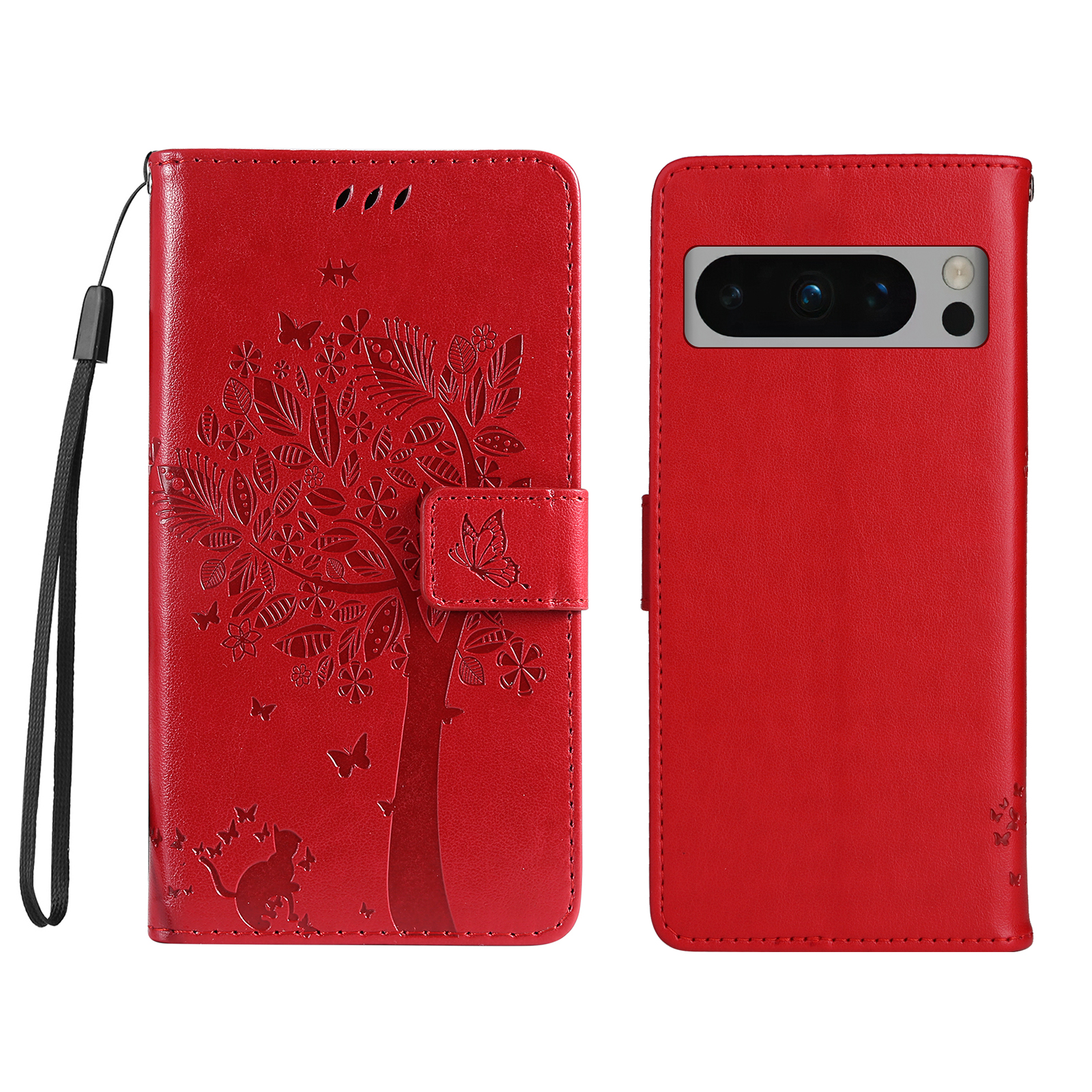 For Google Pixel 8 Pro Phone Case with Stand Cat Tree Pattern Leather Wallet Mobile Cover - Red