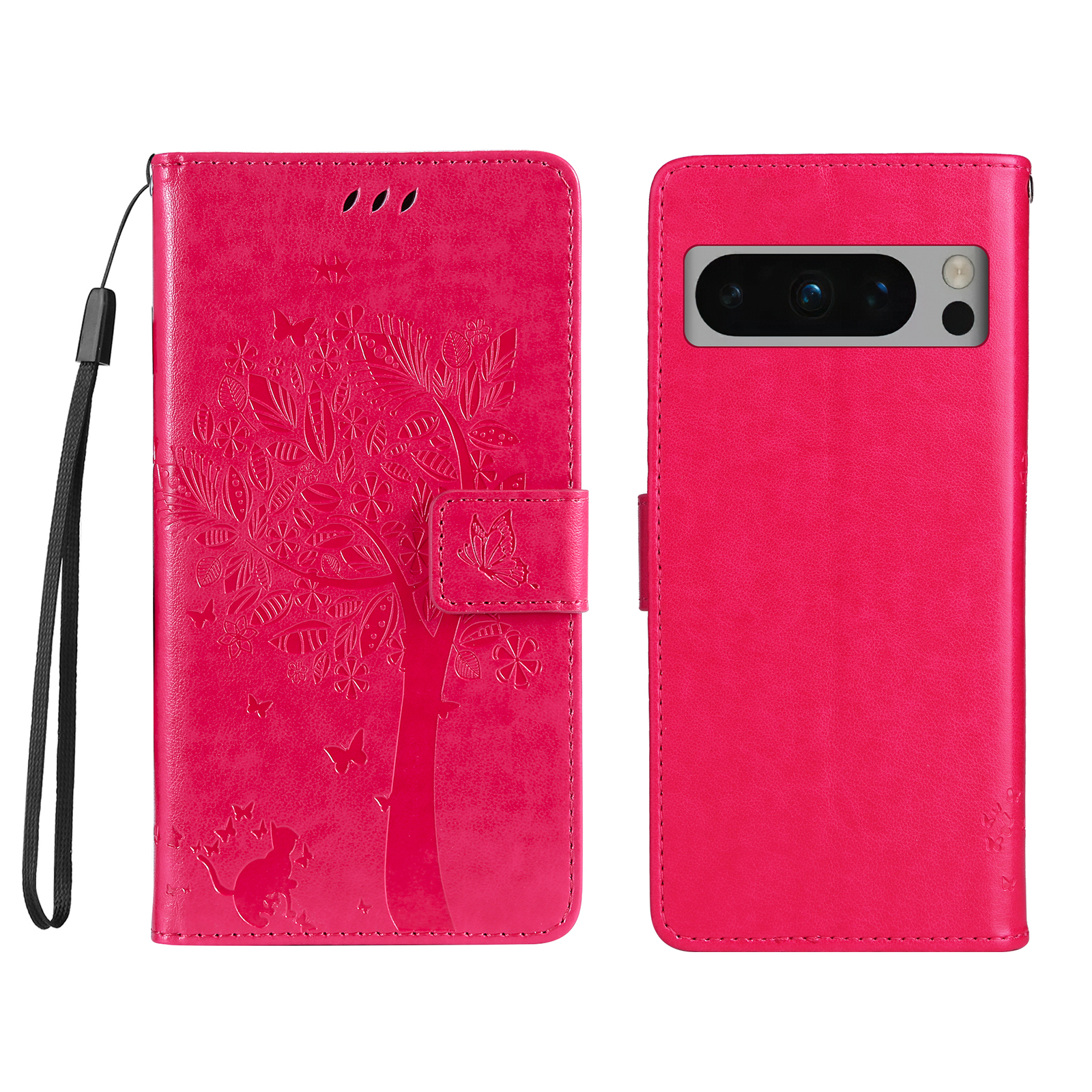 For Google Pixel 8 Pro Phone Case with Stand Cat Tree Pattern Leather Wallet Mobile Cover - Rose