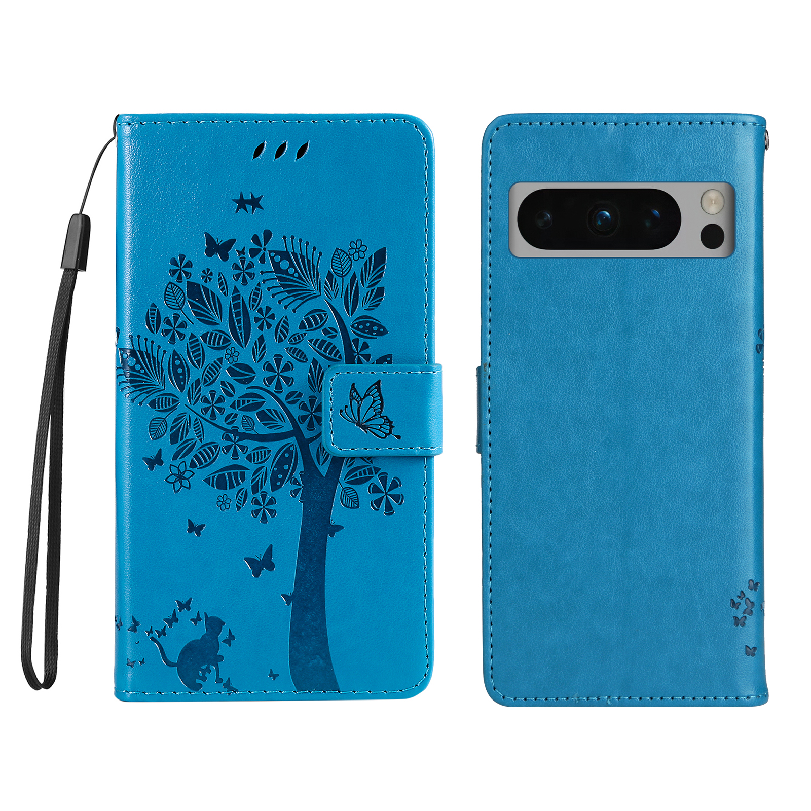 For Google Pixel 8 Pro Phone Case with Stand Cat Tree Pattern Leather Wallet Mobile Cover - Blue