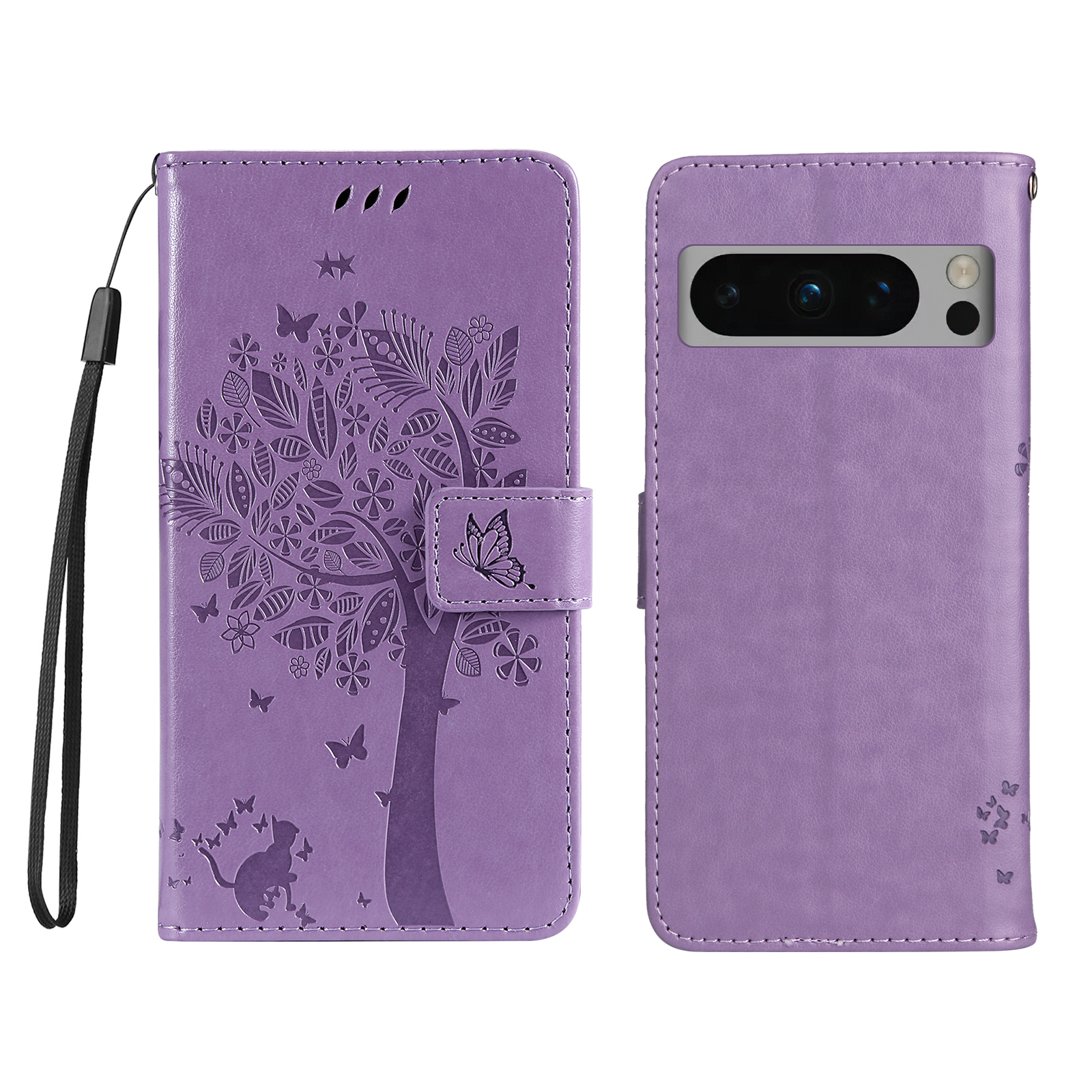 For Google Pixel 8 Pro Phone Case with Stand Cat Tree Pattern Leather Wallet Mobile Cover - Light Purple