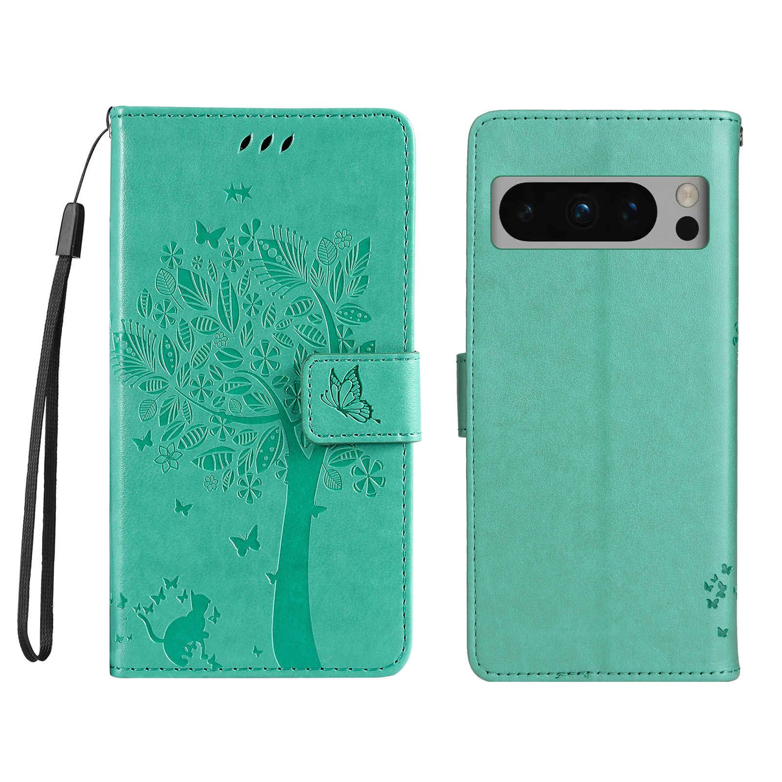 For Google Pixel 8 Pro Phone Case with Stand Cat Tree Pattern Leather Wallet Mobile Cover - Green