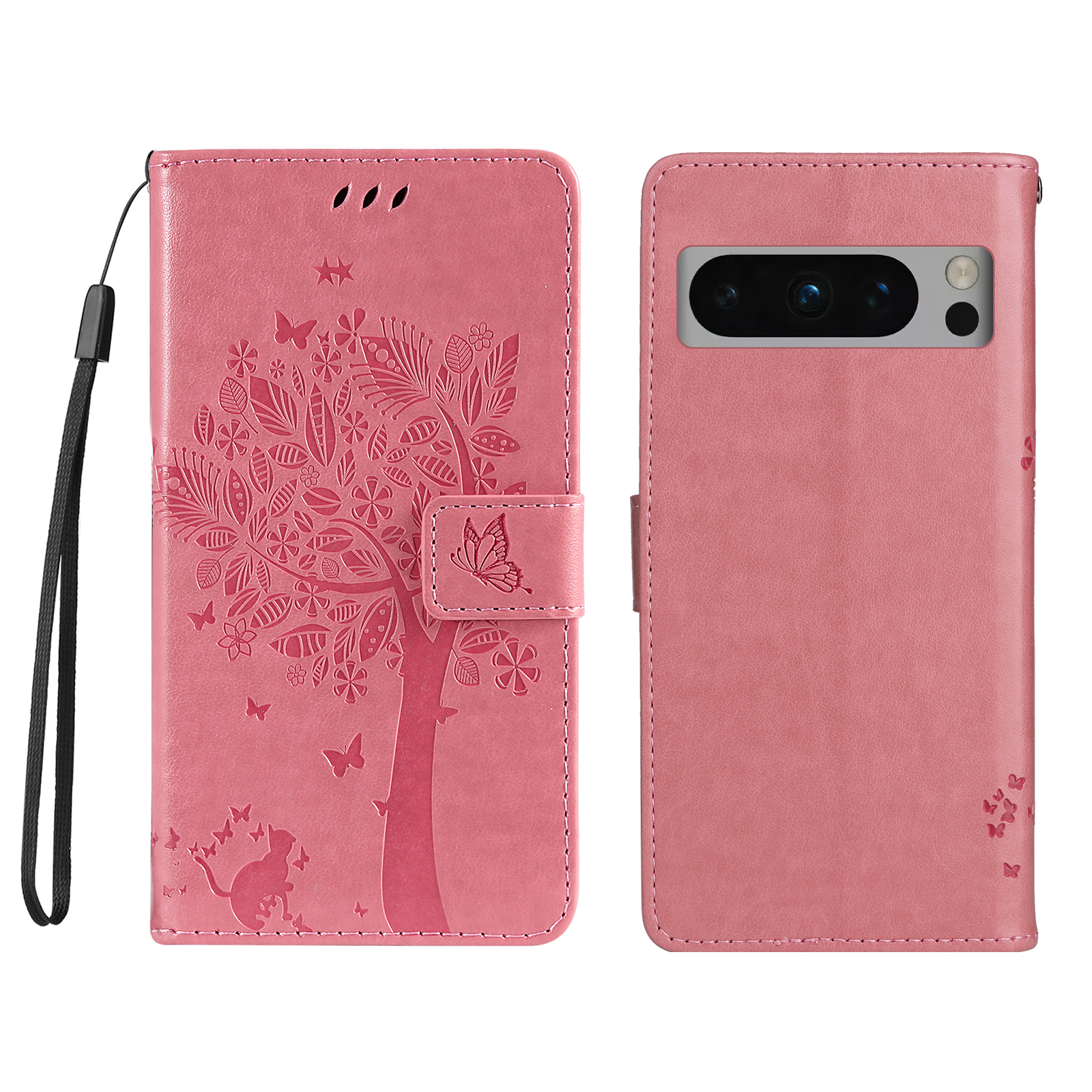 For Google Pixel 8 Pro Phone Case with Stand Cat Tree Pattern Leather Wallet Mobile Cover - Pink