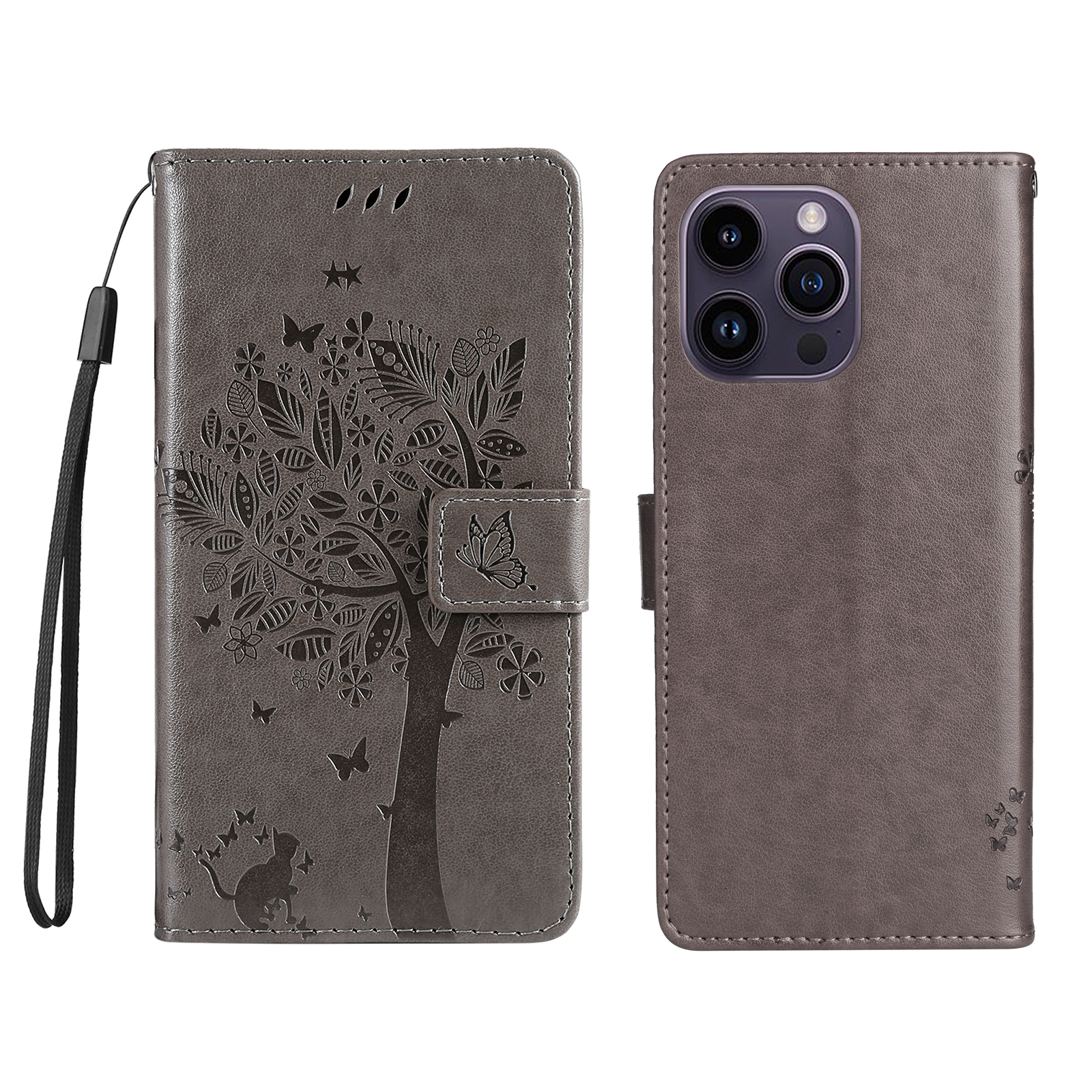 For iPhone 15 Pro Max Phone Case with Stand Cat Tree Pattern Leather Wallet Mobile Cover - Grey