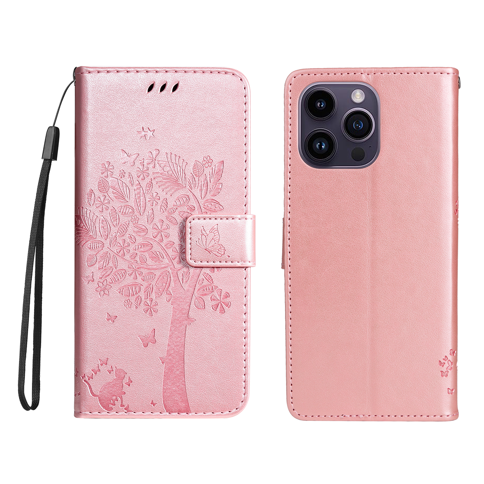 For iPhone 15 Pro Max Phone Case with Stand Cat Tree Pattern Leather Wallet Mobile Cover - Rose Gold