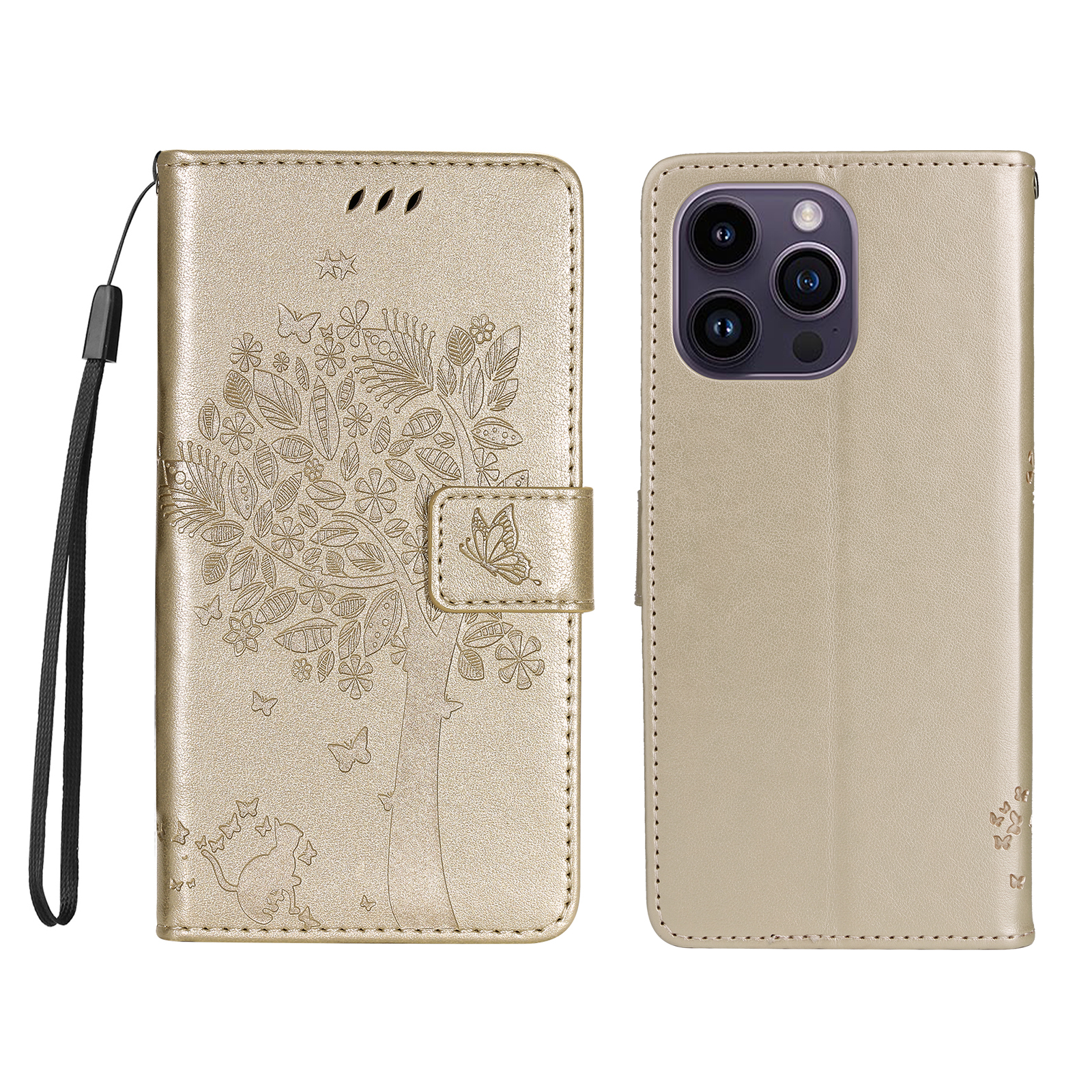 For iPhone 15 Pro Max Phone Case with Stand Cat Tree Pattern Leather Wallet Mobile Cover - Gold