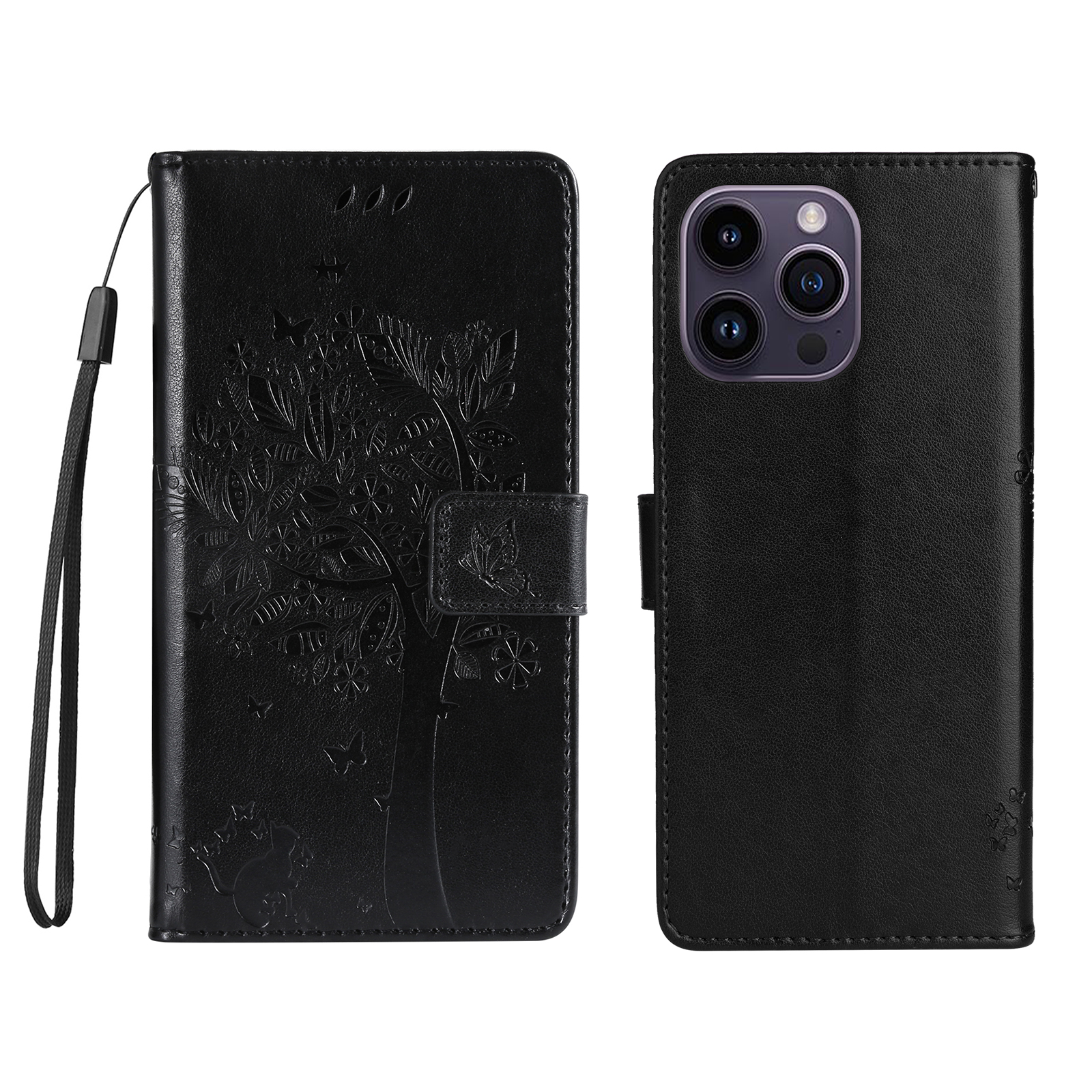 For iPhone 15 Pro Max Phone Case with Stand Cat Tree Pattern Leather Wallet Mobile Cover -  Black