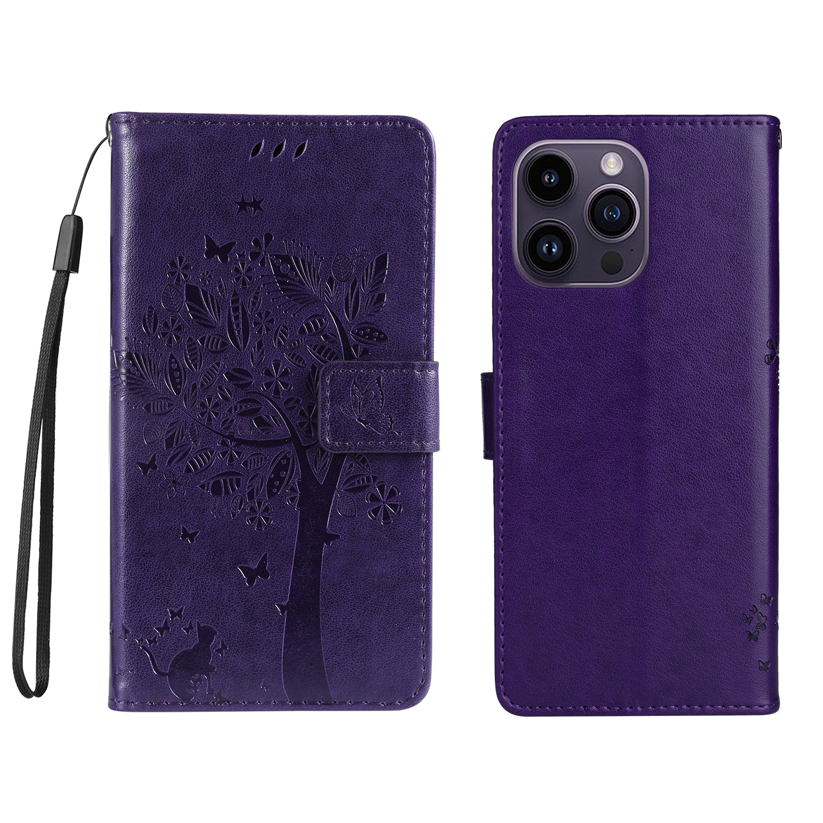 For iPhone 15 Pro Max Phone Case with Stand Cat Tree Pattern Leather Wallet Mobile Cover - Purple