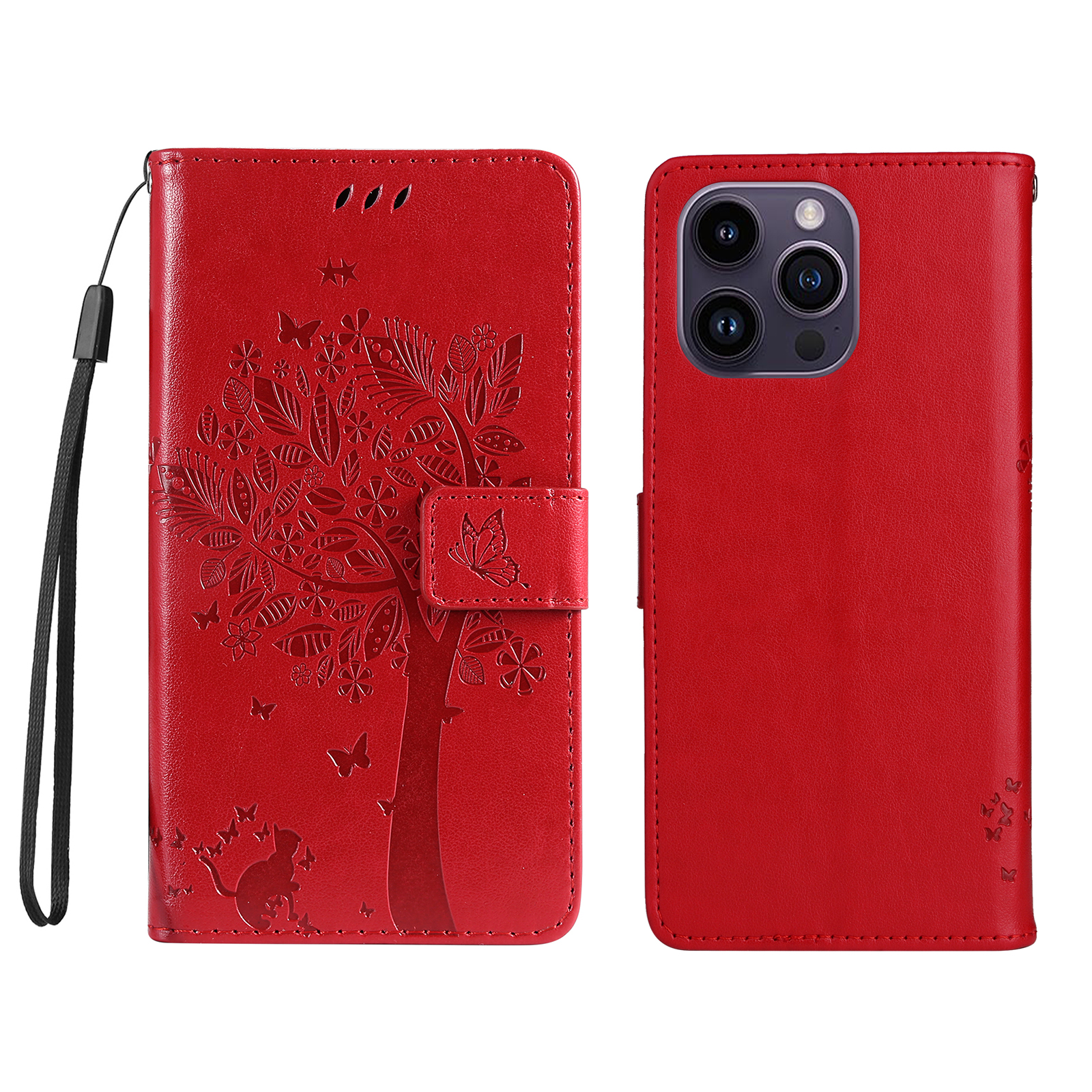 For iPhone 15 Pro Max Phone Case with Stand Cat Tree Pattern Leather Wallet Mobile Cover - Red