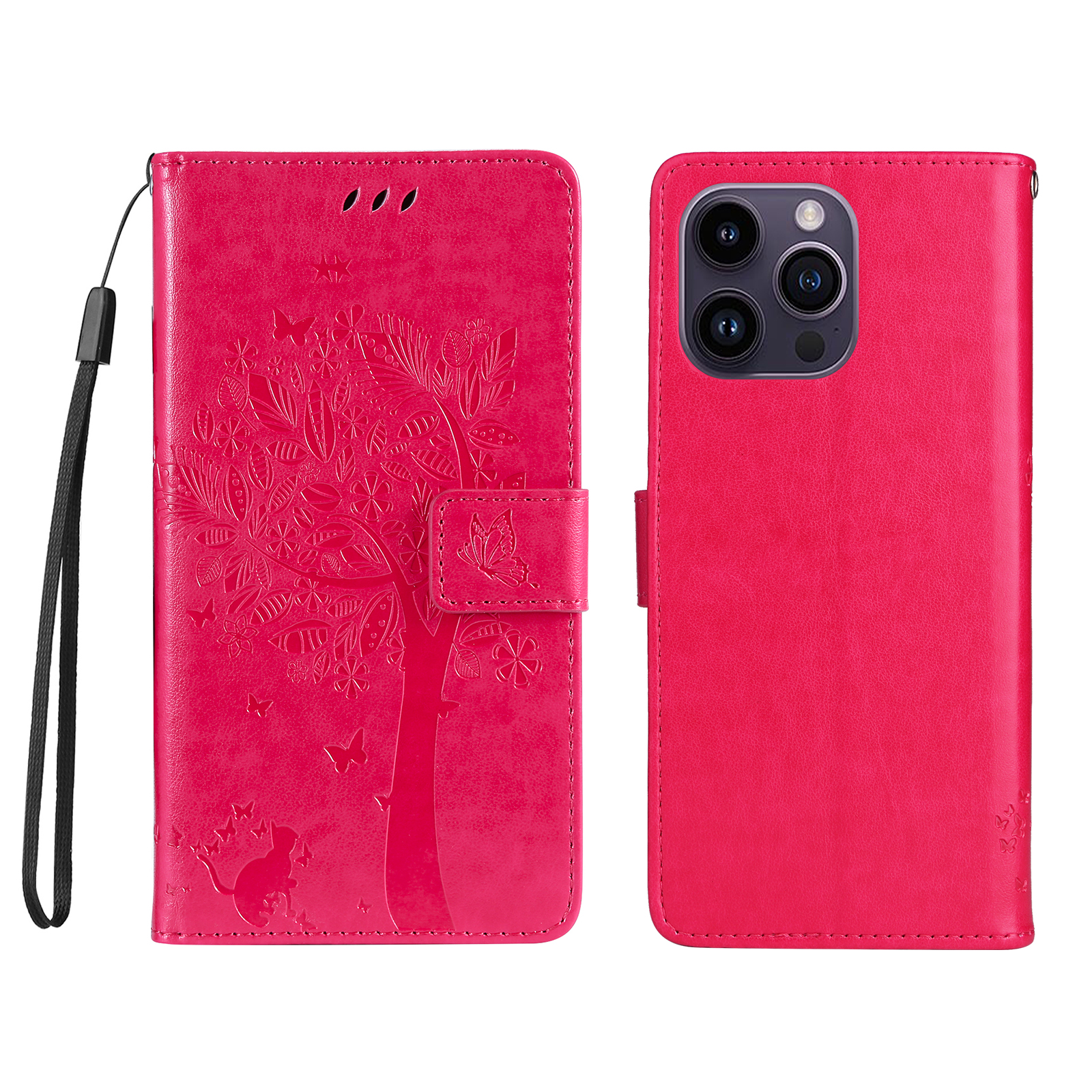 For iPhone 15 Pro Max Phone Case with Stand Cat Tree Pattern Leather Wallet Mobile Cover - Rose