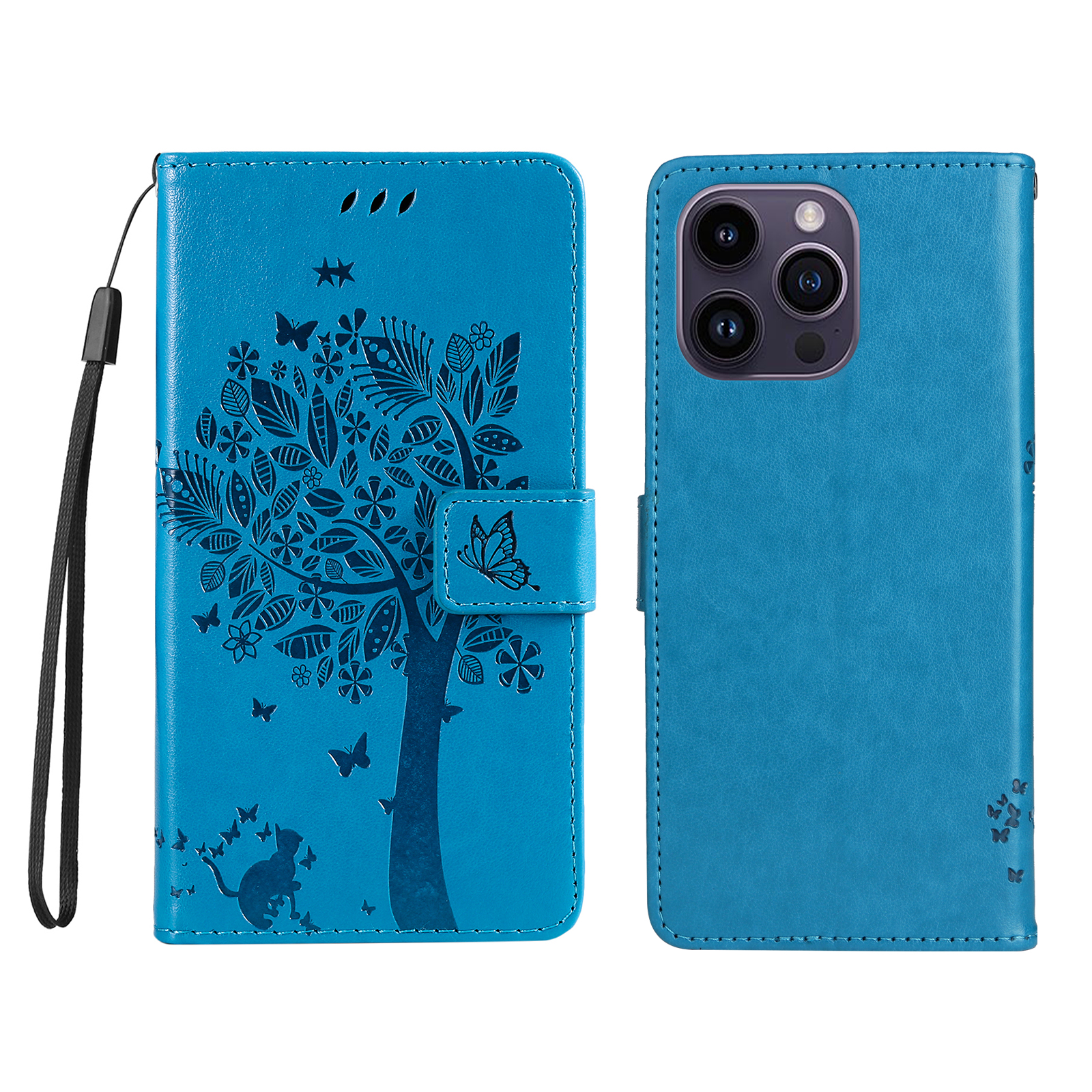 For iPhone 15 Pro Max Phone Case with Stand Cat Tree Pattern Leather Wallet Mobile Cover - Blue