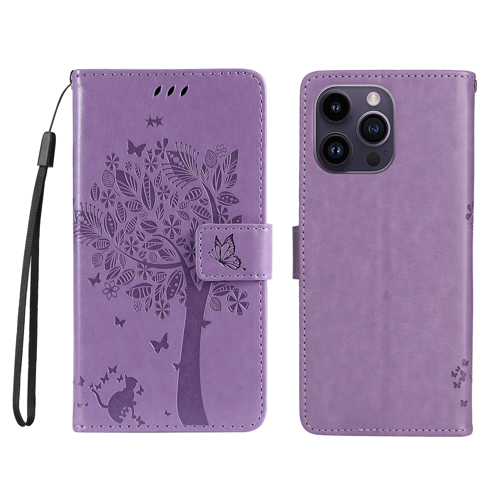 For iPhone 15 Pro Max Phone Case with Stand Cat Tree Pattern Leather Wallet Mobile Cover -  Light Purple