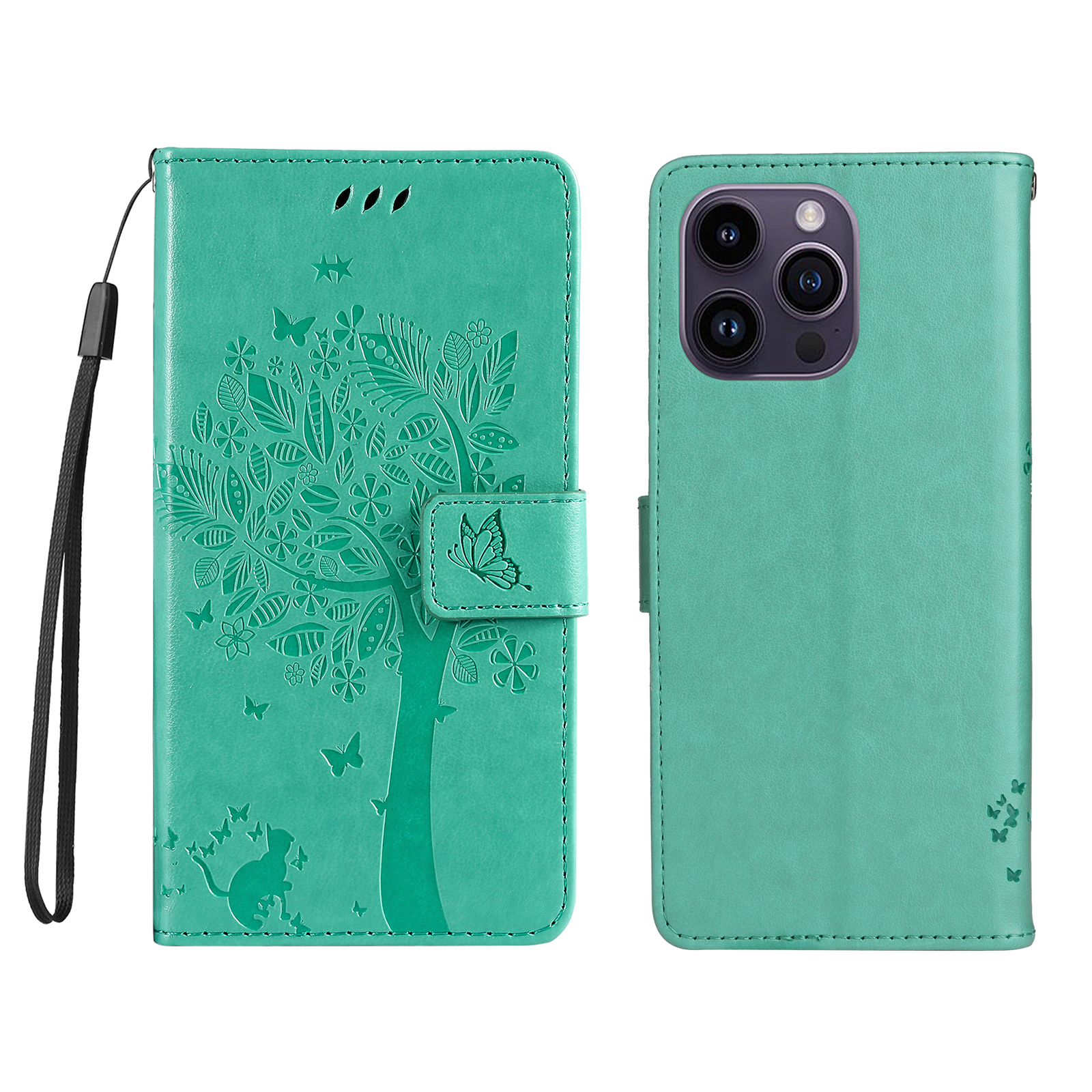 For iPhone 15 Pro Max Phone Case with Stand Cat Tree Pattern Leather Wallet Mobile Cover - Green