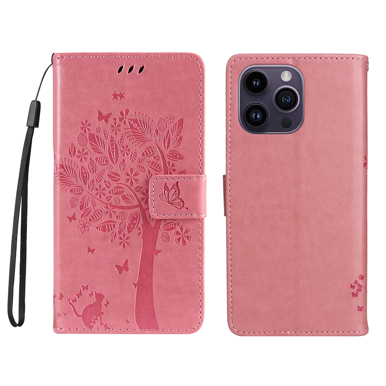 For iPhone 15 Pro Max Phone Case with Stand Cat Tree Pattern Leather Wallet Mobile Cover - Pink