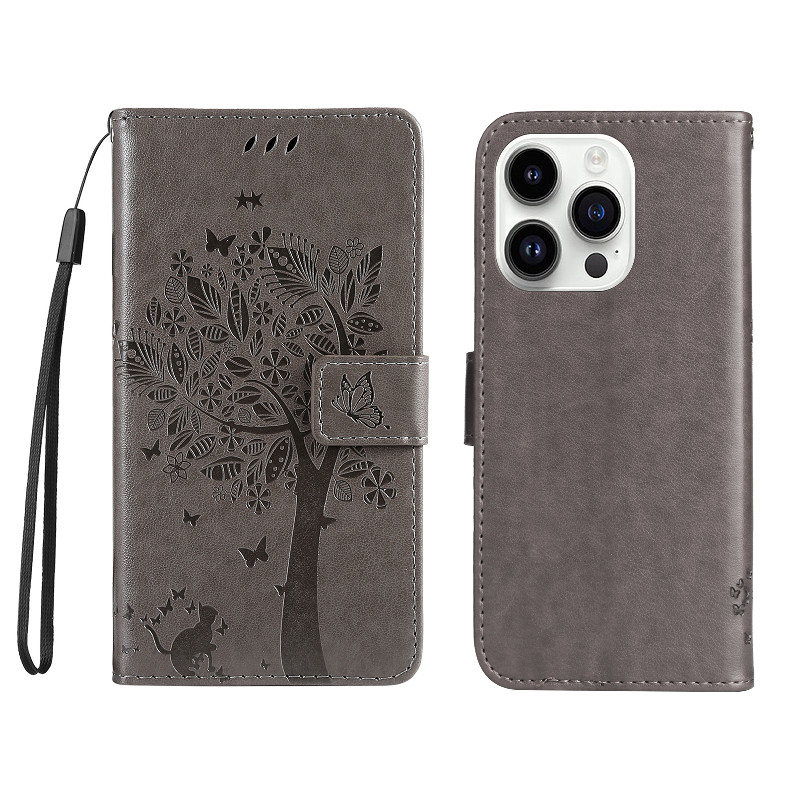 For iPhone 15 Pro Phone Case with Stand Cat Tree Pattern Leather Wallet Mobile Cover - Grey
