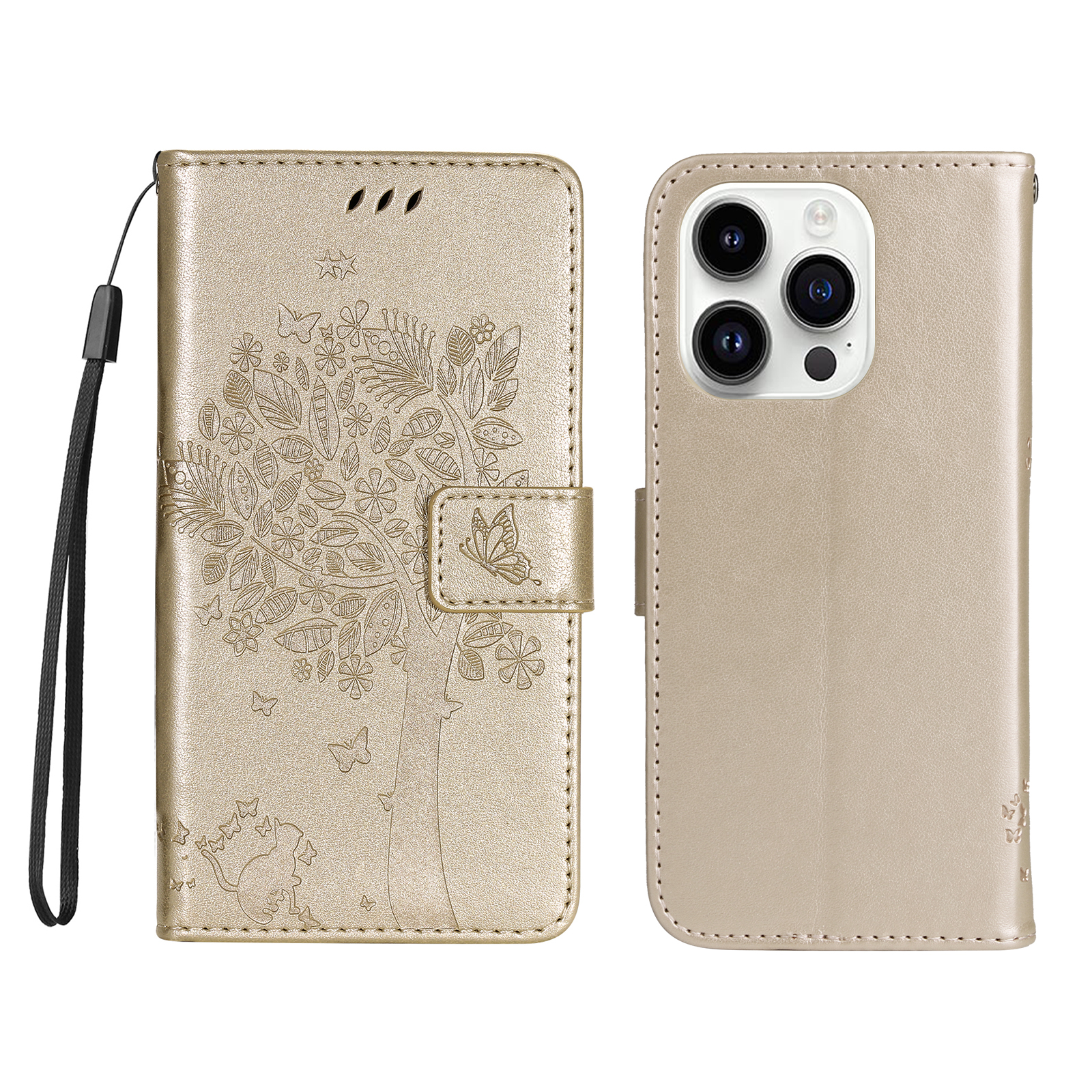 For iPhone 15 Pro Phone Case with Stand Cat Tree Pattern Leather Wallet Mobile Cover - Gold