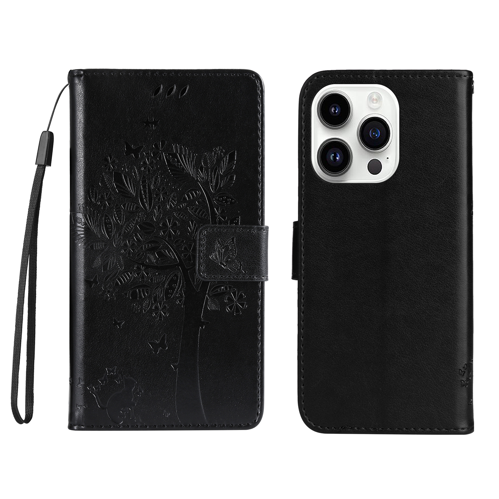 For iPhone 15 Pro Phone Case with Stand Cat Tree Pattern Leather Wallet Mobile Cover -  Black