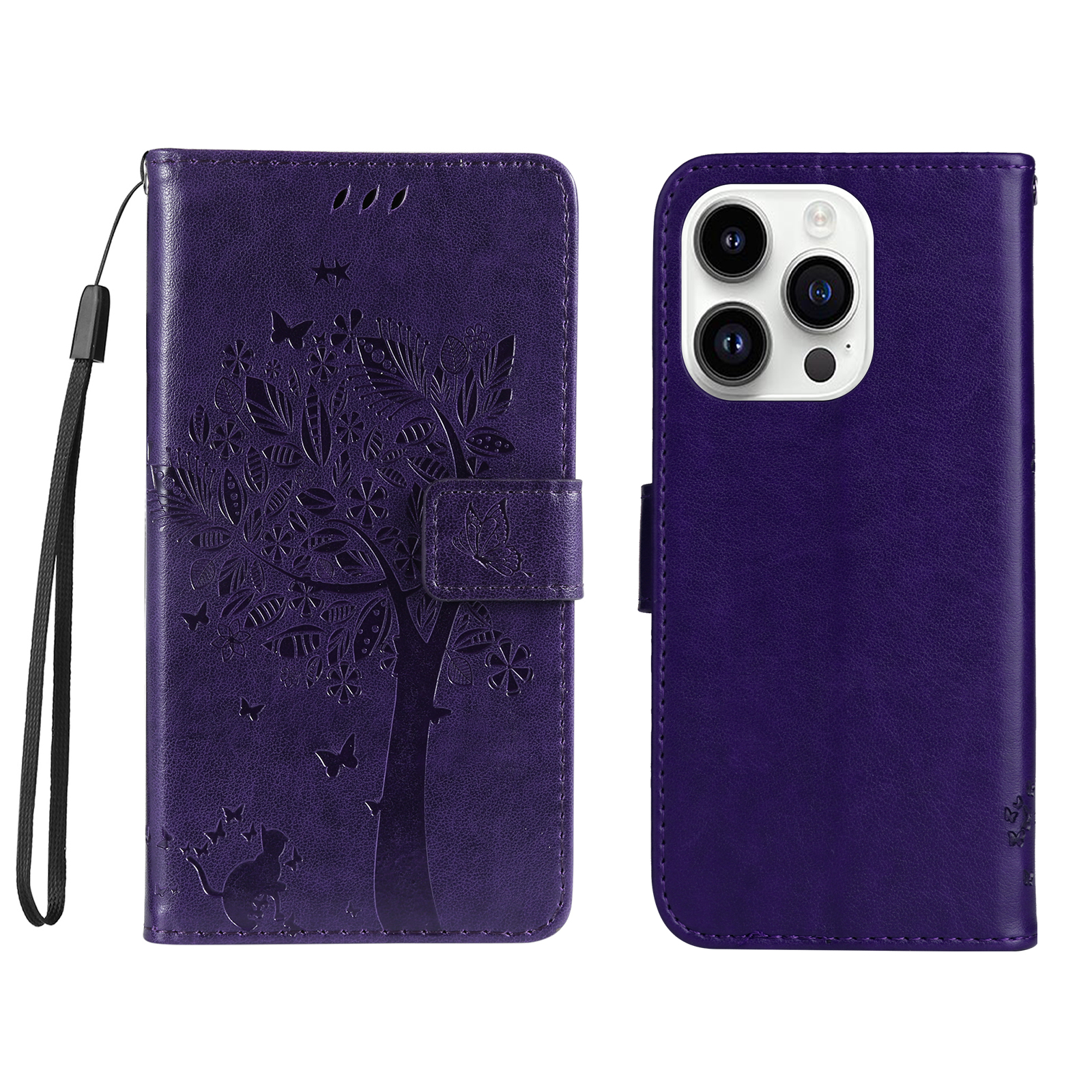 For iPhone 15 Pro Phone Case with Stand Cat Tree Pattern Leather Wallet Mobile Cover - Purple