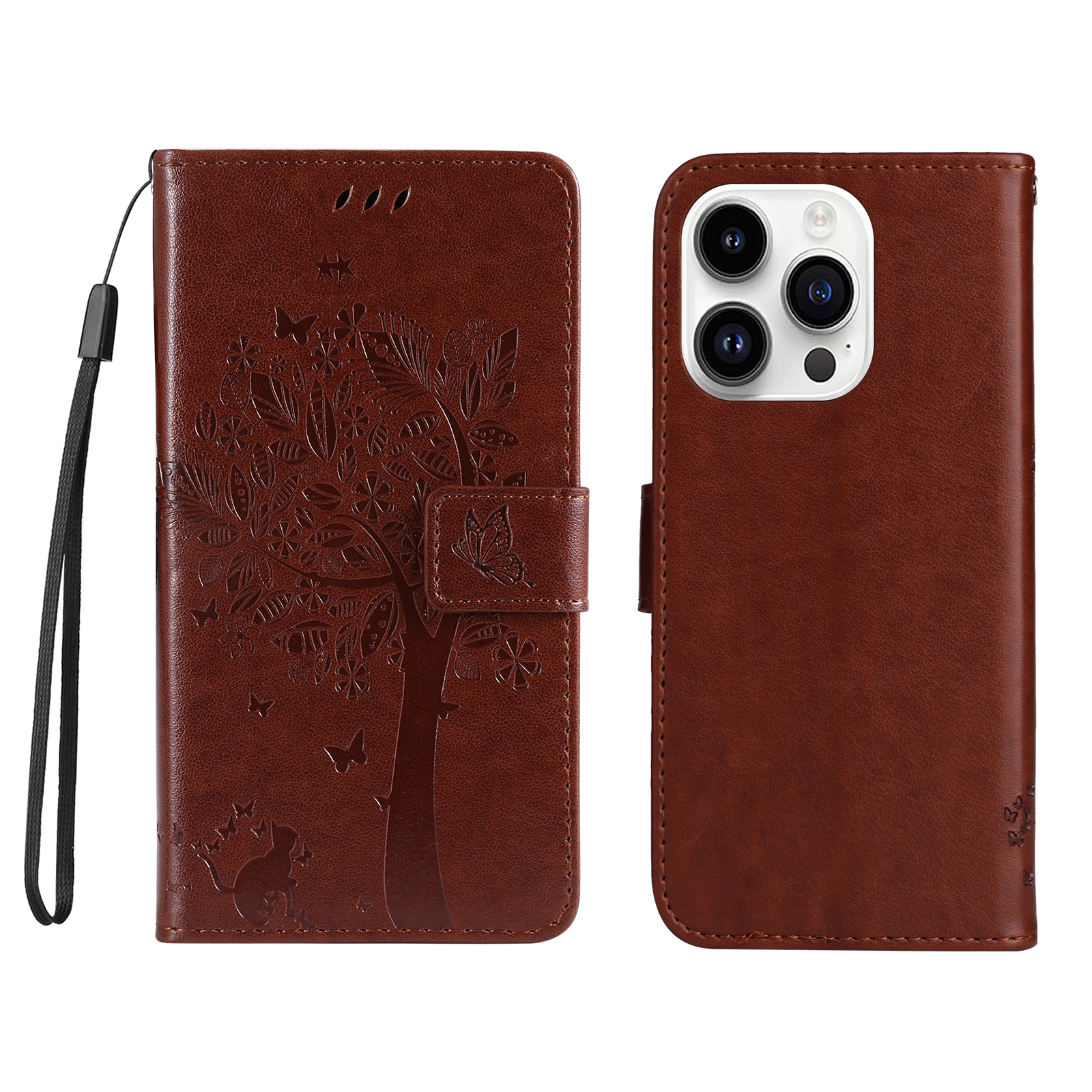 For iPhone 15 Pro Phone Case with Stand Cat Tree Pattern Leather Wallet Mobile Cover - Coffee