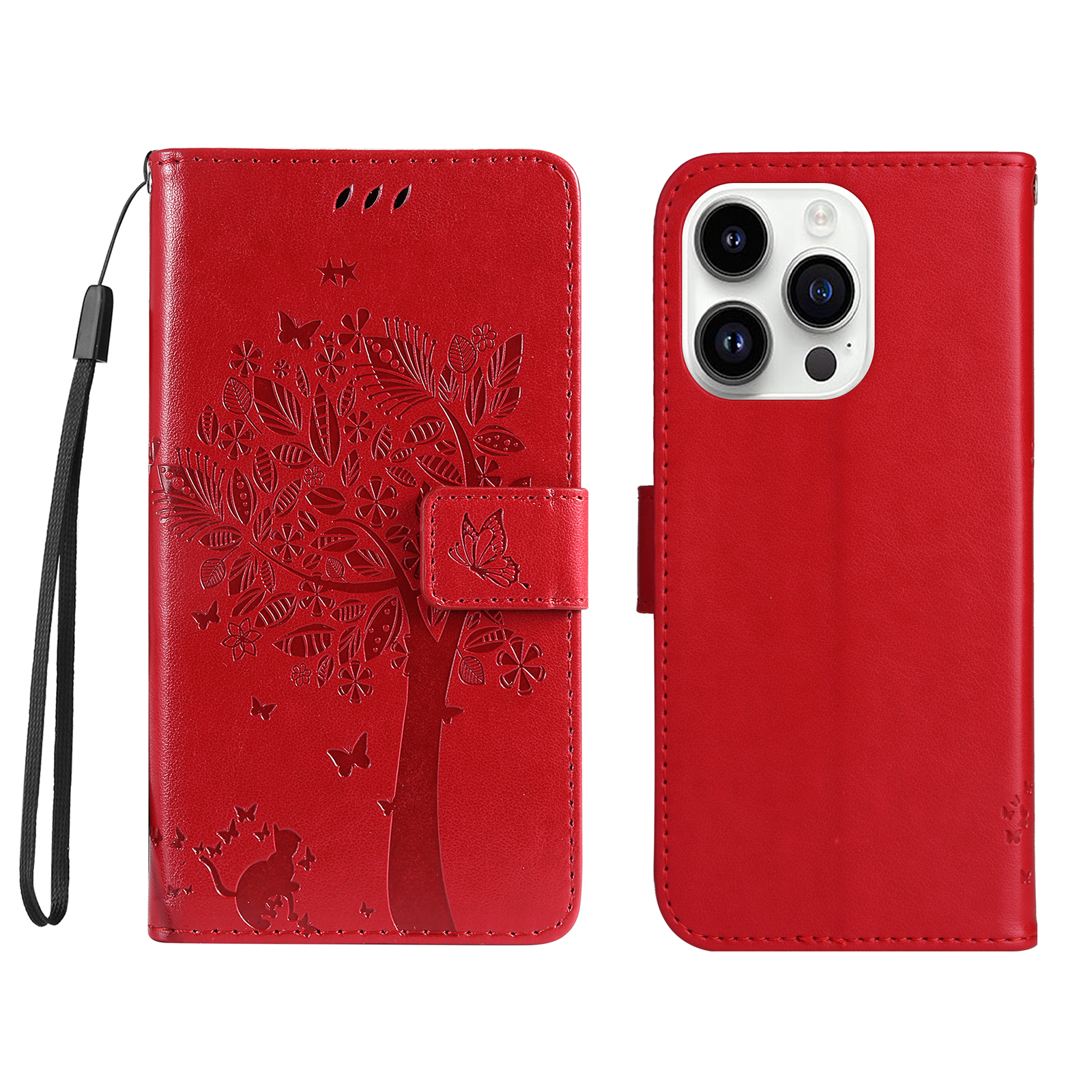 For iPhone 15 Pro Phone Case with Stand Cat Tree Pattern Leather Wallet Mobile Cover - Red