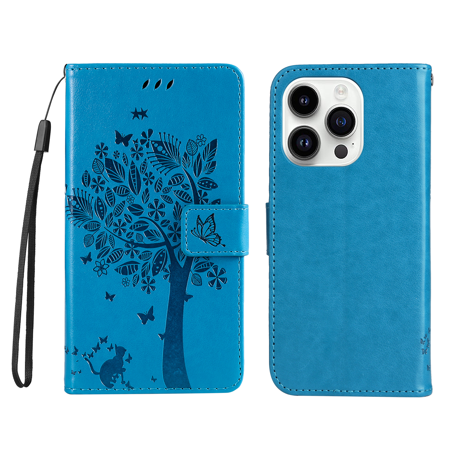 For iPhone 15 Pro Phone Case with Stand Cat Tree Pattern Leather Wallet Mobile Cover - Blue