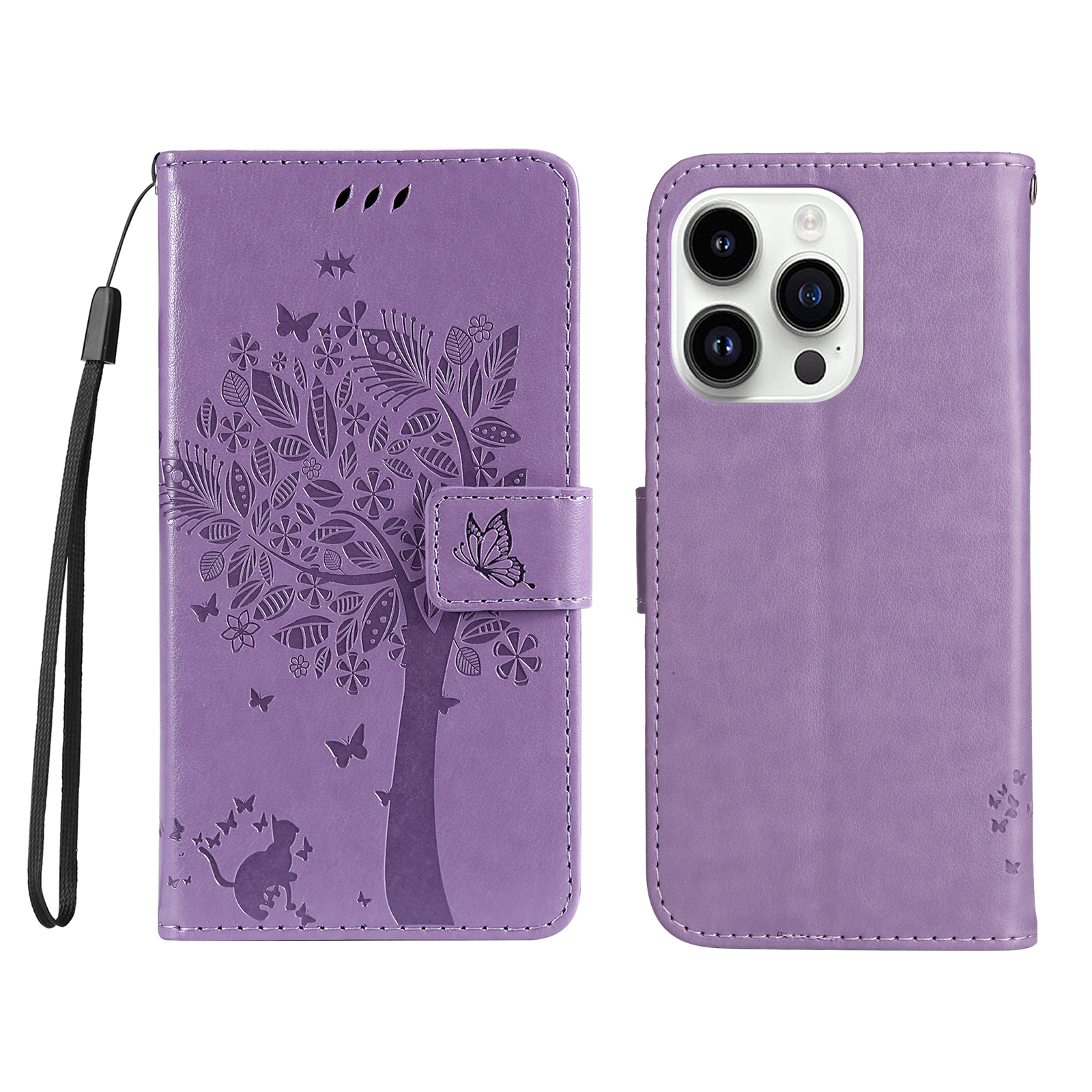 For iPhone 15 Pro Phone Case with Stand Cat Tree Pattern Leather Wallet Mobile Cover -  Light Purple