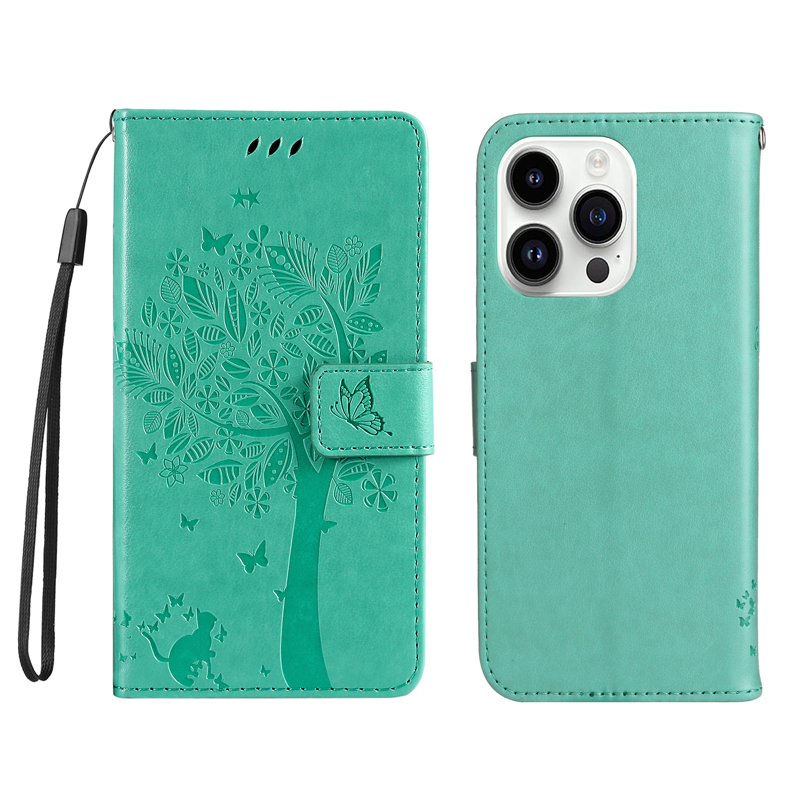 For iPhone 15 Pro Phone Case with Stand Cat Tree Pattern Leather Wallet Mobile Cover - Green