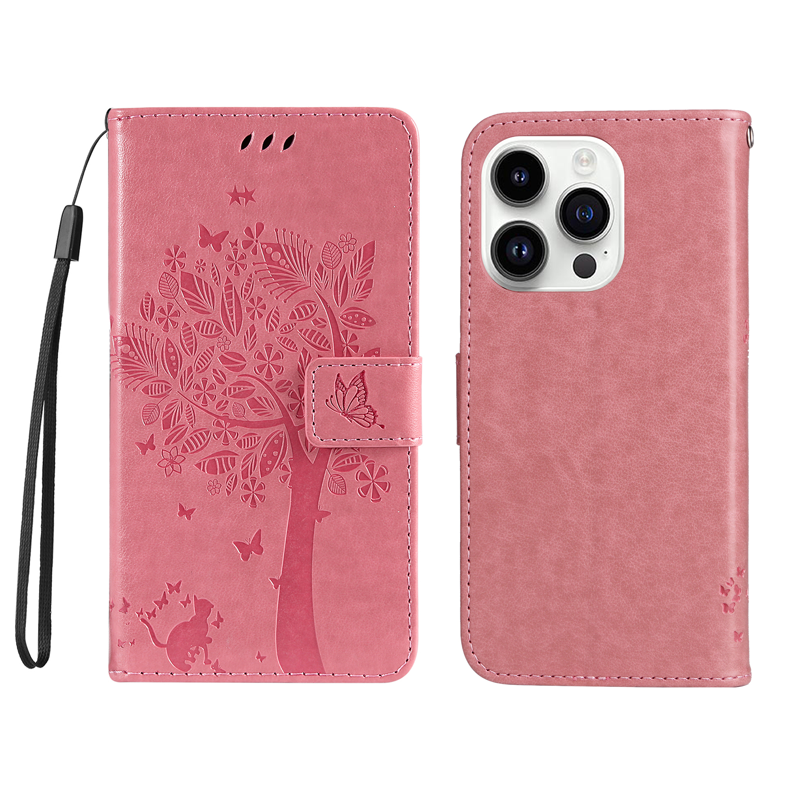 For iPhone 15 Pro Phone Case with Stand Cat Tree Pattern Leather Wallet Mobile Cover - Pink