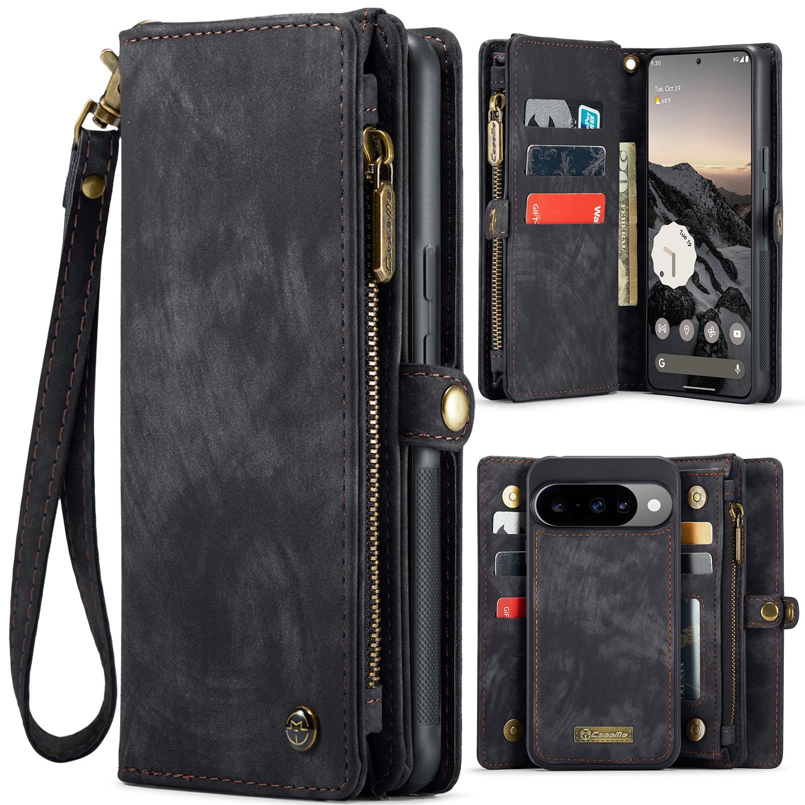 For Google Pixel 10 Pro / Google Pixel 10 Phone Cases CASEME 008 Leather Cover with Detachable Wallet and Strap - Black