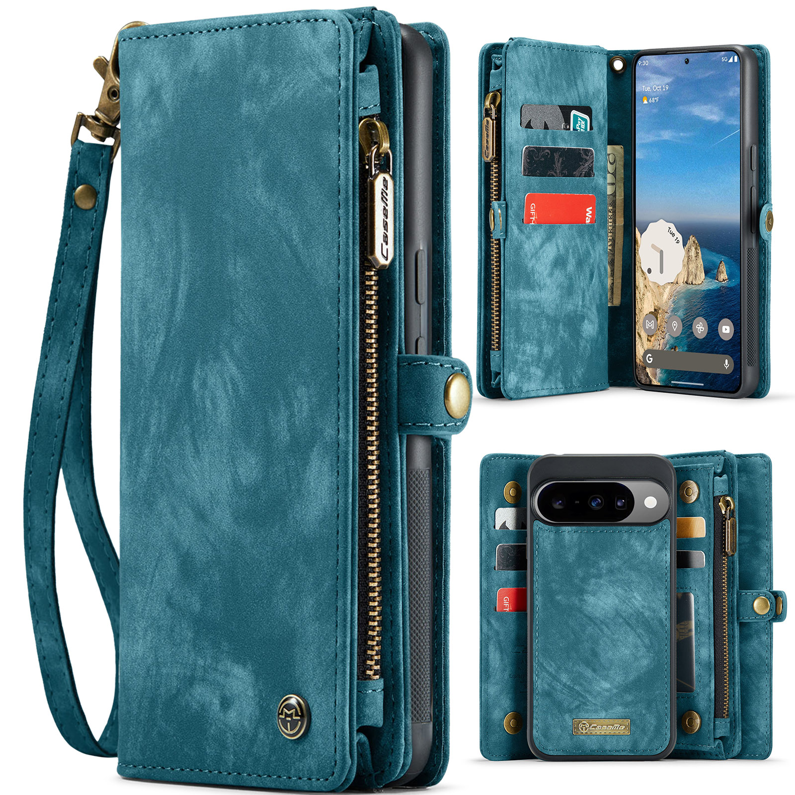 For Google Pixel 10 Pro / Google Pixel 10 Phone Cases CASEME 008 Leather Cover with Detachable Wallet and Strap - Blue