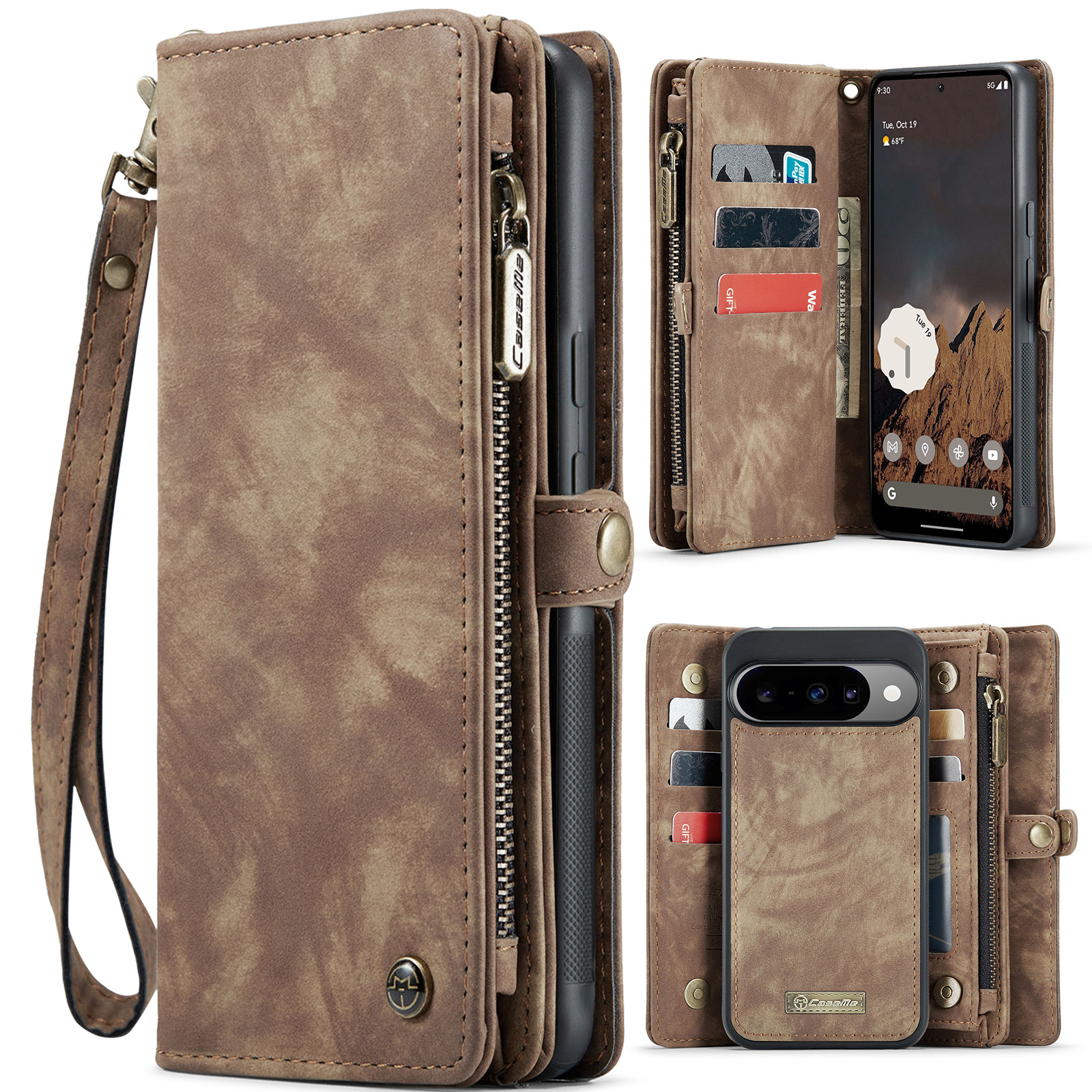 For Google Pixel 10 Pro / Google Pixel 10 Phone Cases CASEME 008 Leather Cover with Detachable Wallet and Strap - Brown