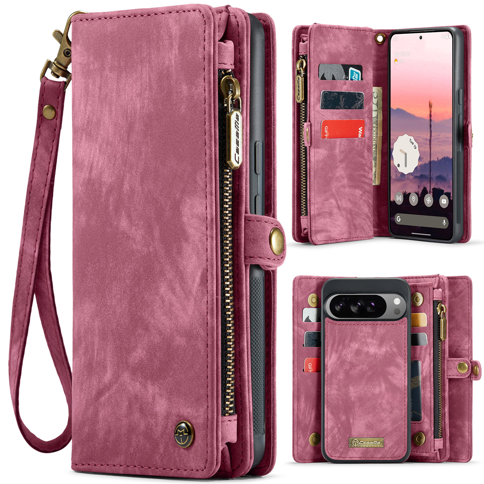 For Google Pixel 10 Pro XL Phone Cases CASEME 008 Leather Cover with Detachable Wallet and Strap - Red