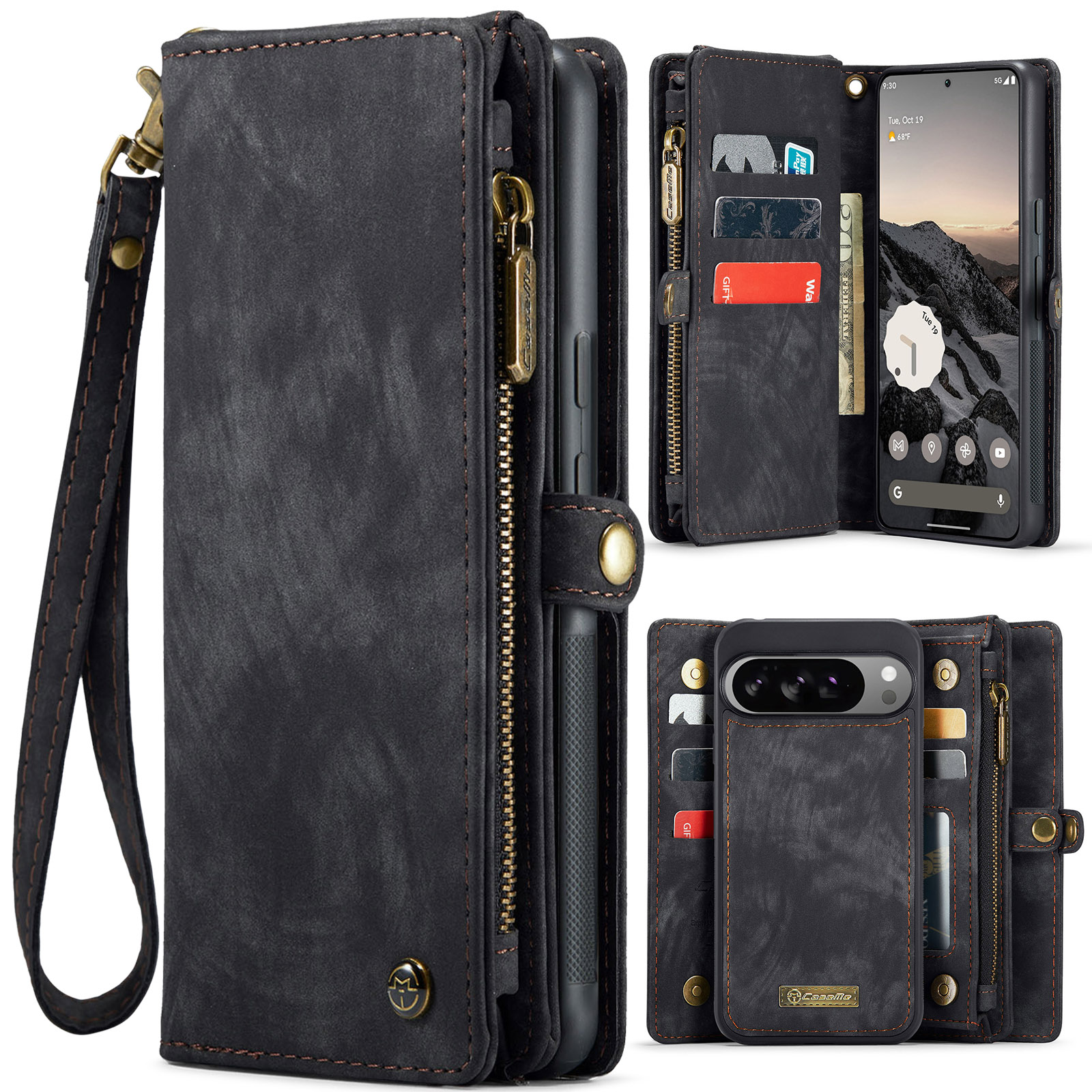 For Google Pixel 10 Pro XL Phone Cases CASEME 008 Leather Cover with Detachable Wallet and Strap - Black