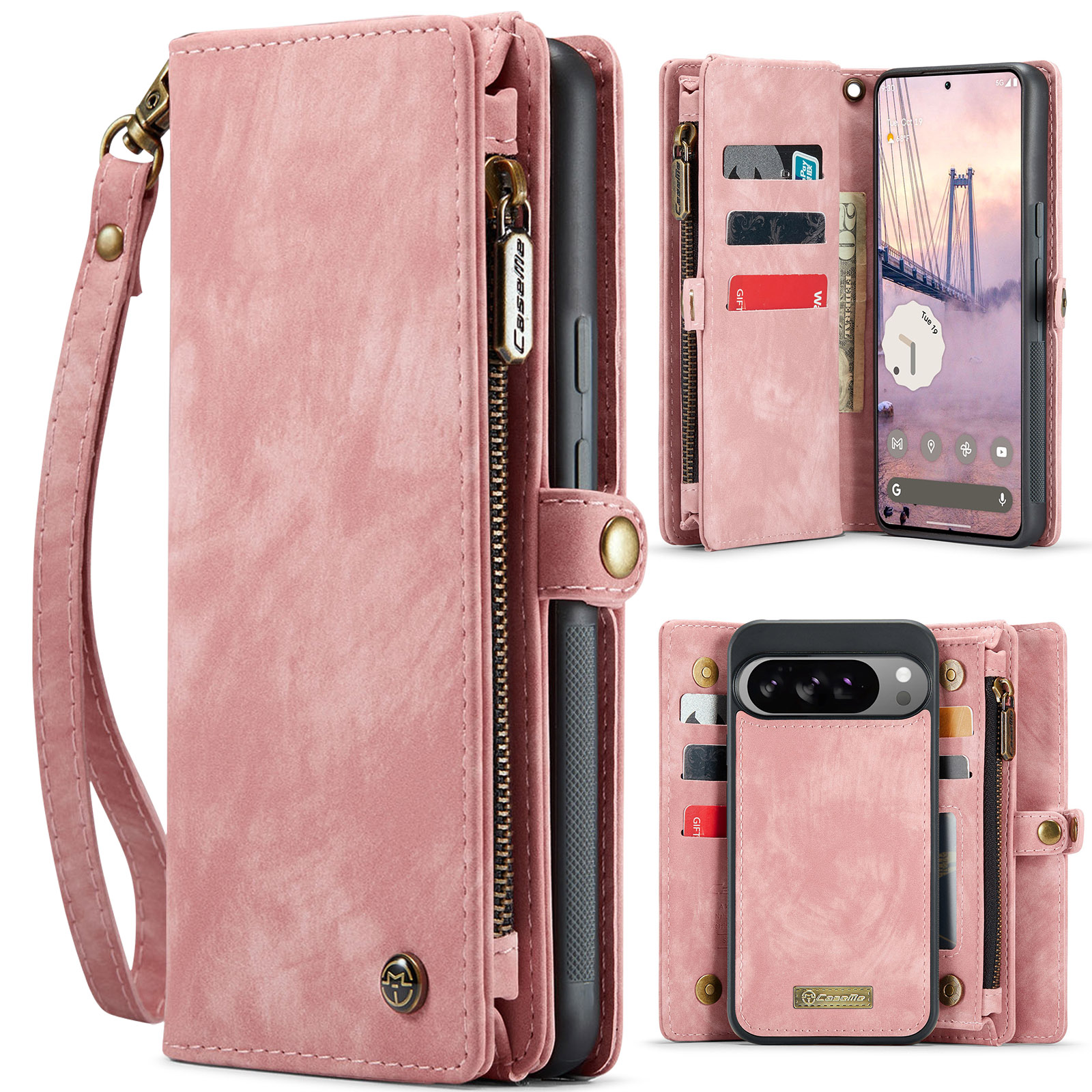 For Google Pixel 10 Pro XL Phone Cases CASEME 008 Leather Cover with Detachable Wallet and Strap - Pink