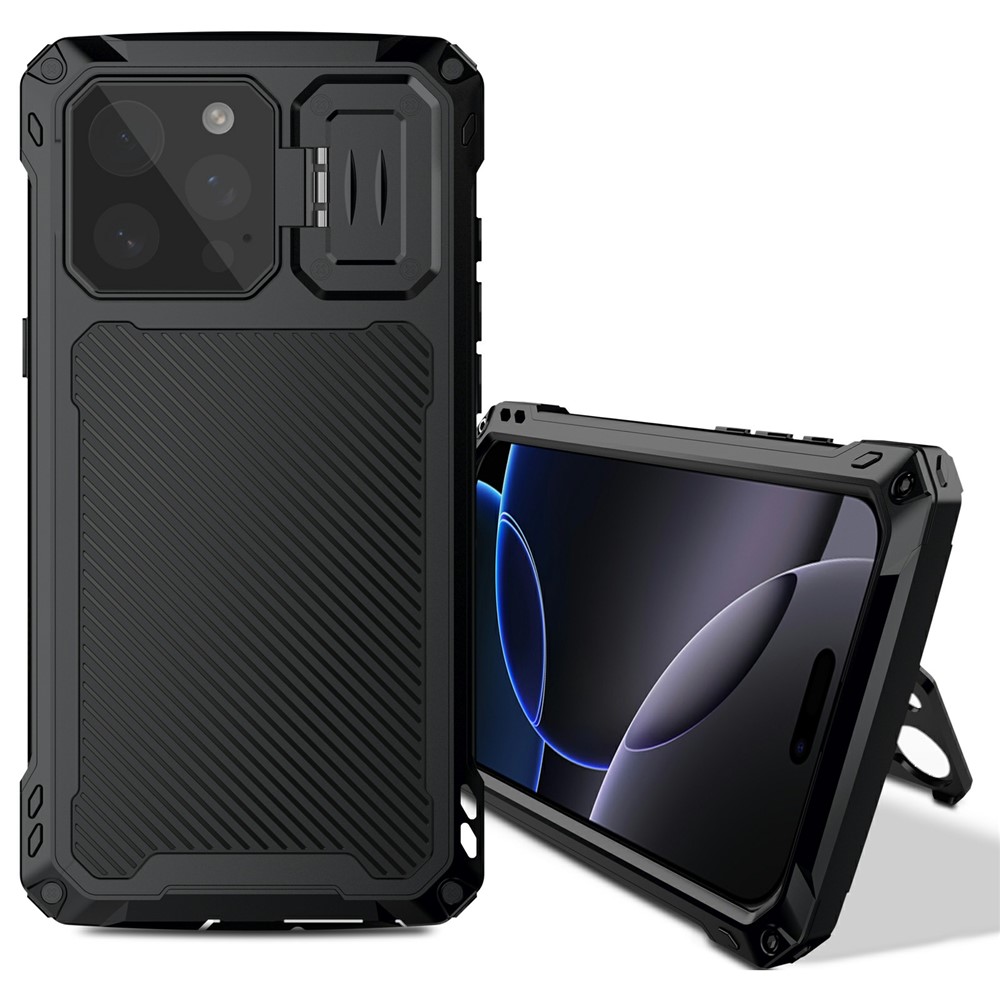 For iPhone 16 Pro Max Case Aluminum Alloy + Silicone Lens Kickstand Phone Cover with Tempered Glass Film - Black