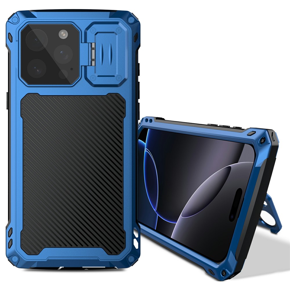 For iPhone 16 Pro Case Aluminum Alloy + Silicone Lens Kickstand Phone Cover with Tempered Glass Film - Blue