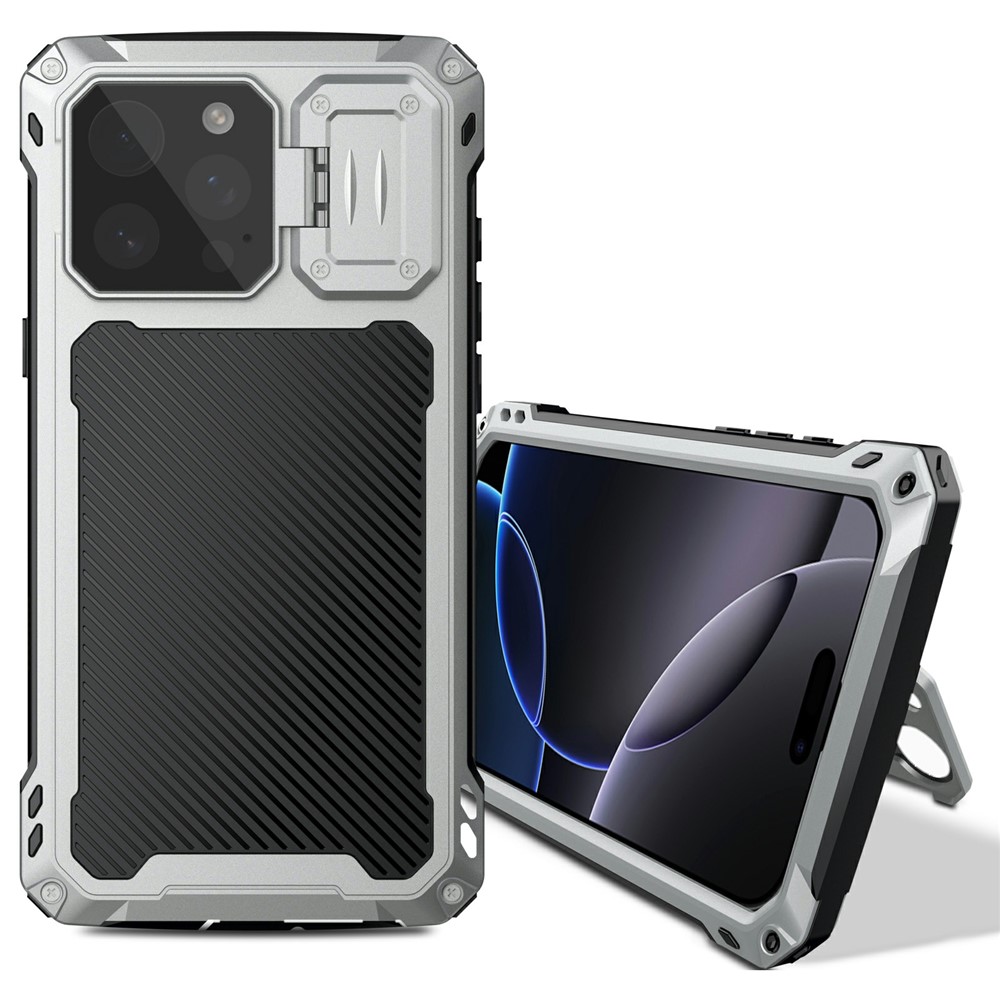 For iPhone 16 Pro Case Aluminum Alloy + Silicone Lens Kickstand Phone Cover with Tempered Glass Film - Silver