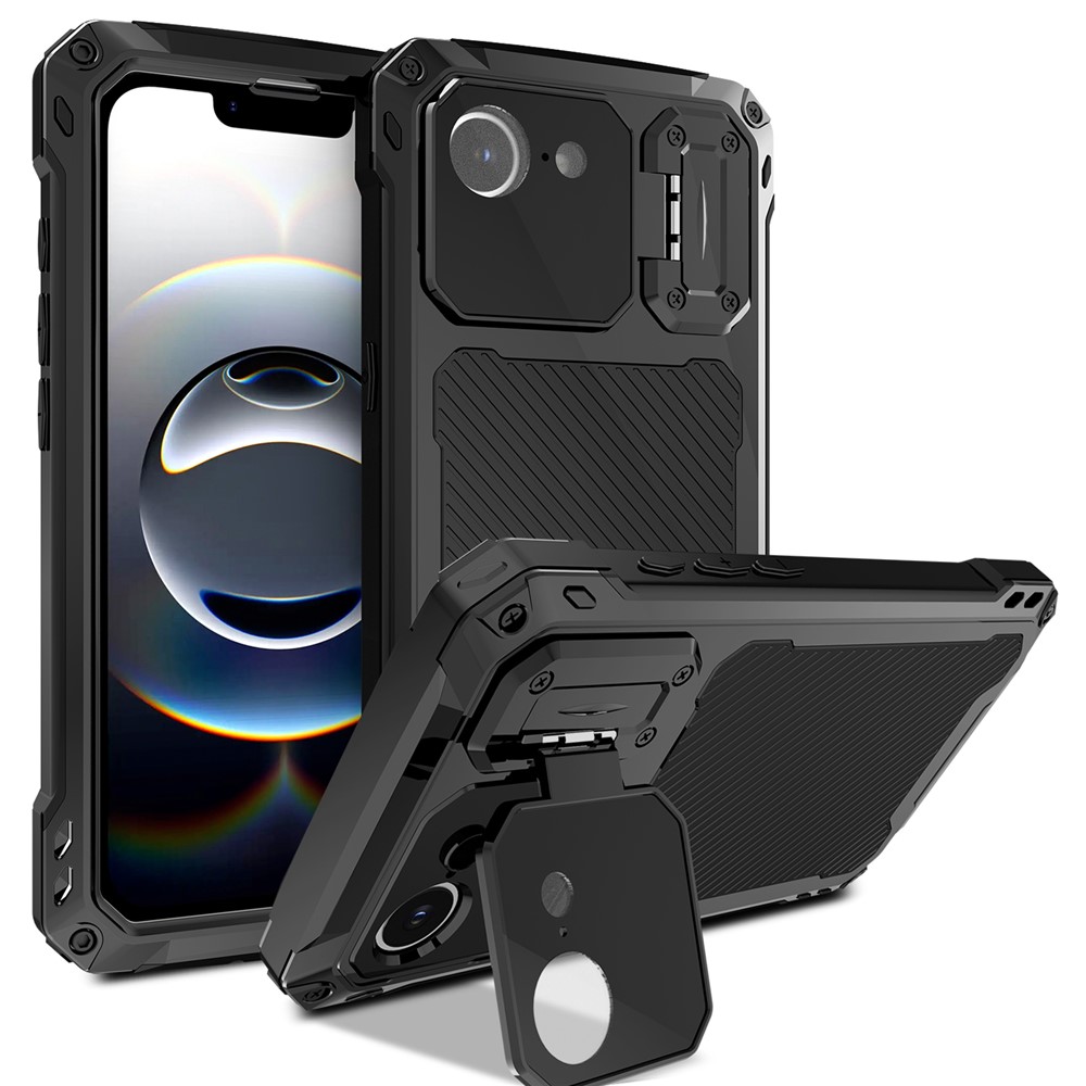 For iPhone 16e Case Aluminum Alloy + Silicone Lens Kickstand Phone Cover with Tempered Glass Film - Black