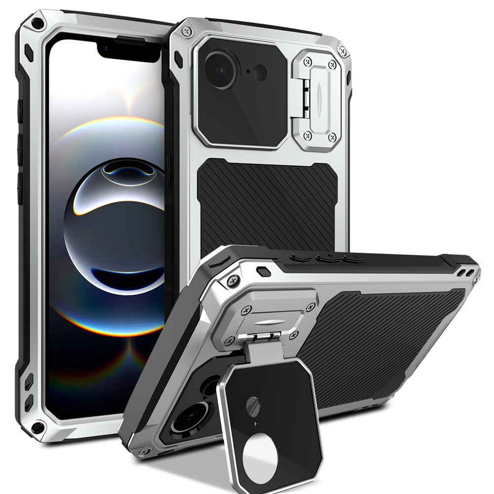 For iPhone 16e Case Aluminum Alloy + Silicone Lens Kickstand Phone Cover with Tempered Glass Film - Silver