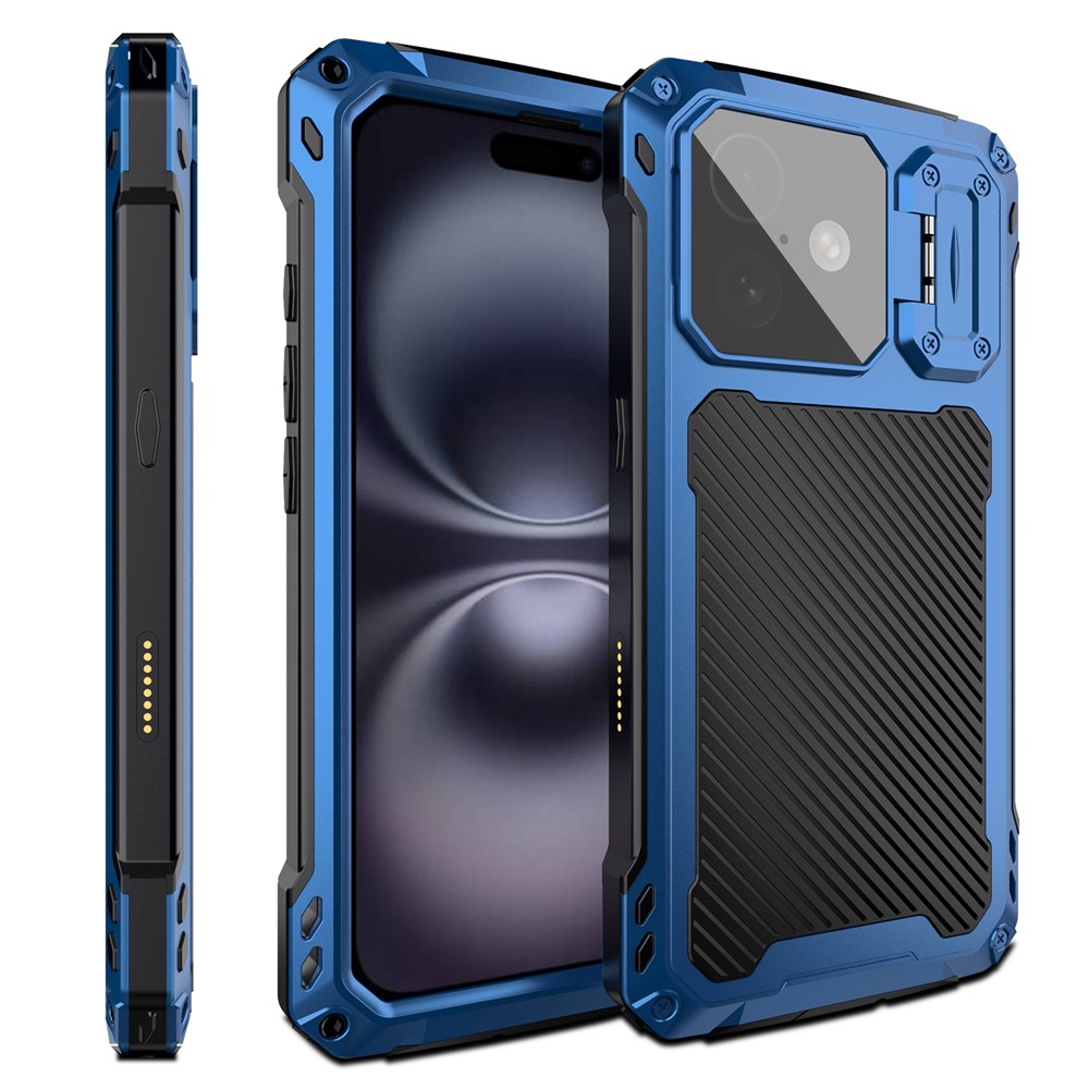 For iPhone 16 Plus Case Aluminum Alloy + Silicone Lens Kickstand Phone Cover with Tempered Glass Film - Blue