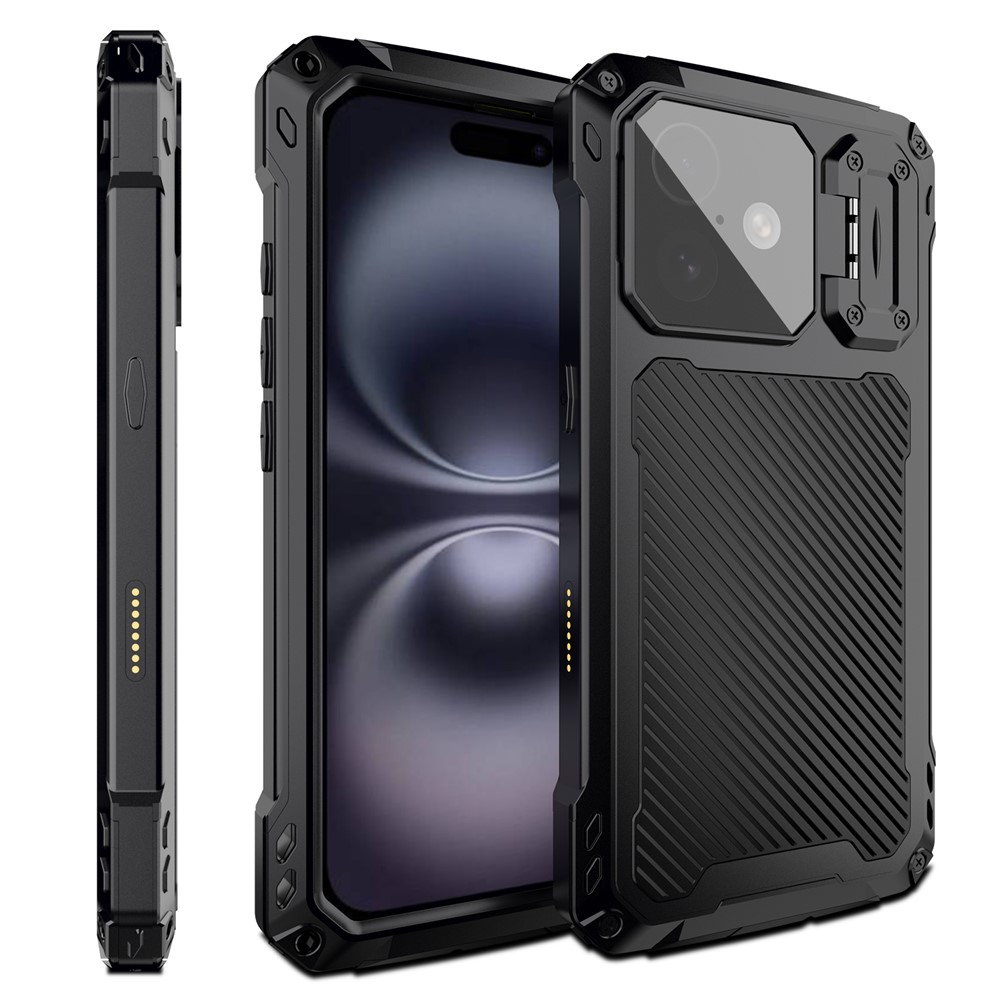 For iPhone 16 Plus Case Aluminum Alloy + Silicone Lens Kickstand Phone Cover with Tempered Glass Film - Black