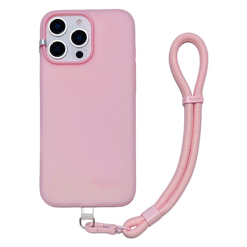 For iPhone 14 Pro Max Case Ice-Transparent Liquid Silicone + PC Phone Cover with Wrist Strap - Pink