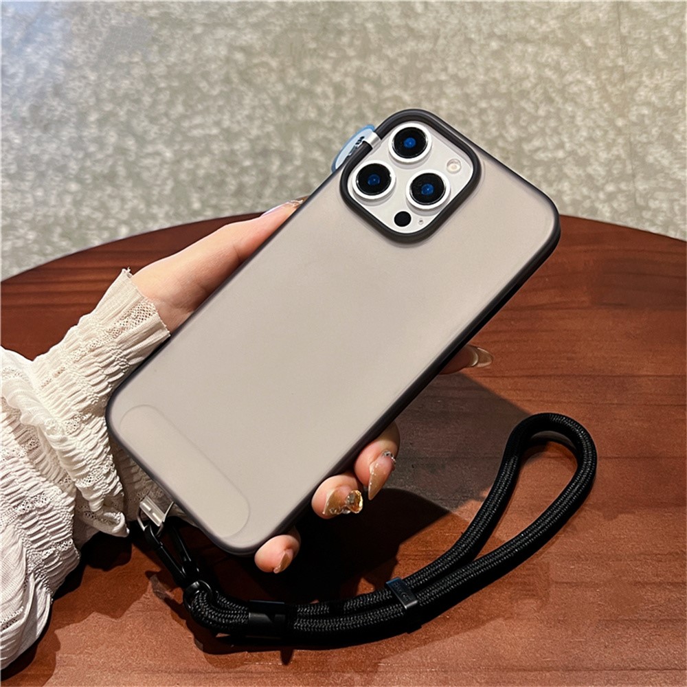 For iPhone 14 Pro Max Case Ice-Transparent Liquid Silicone + PC Phone Cover with Wrist Strap - Grey