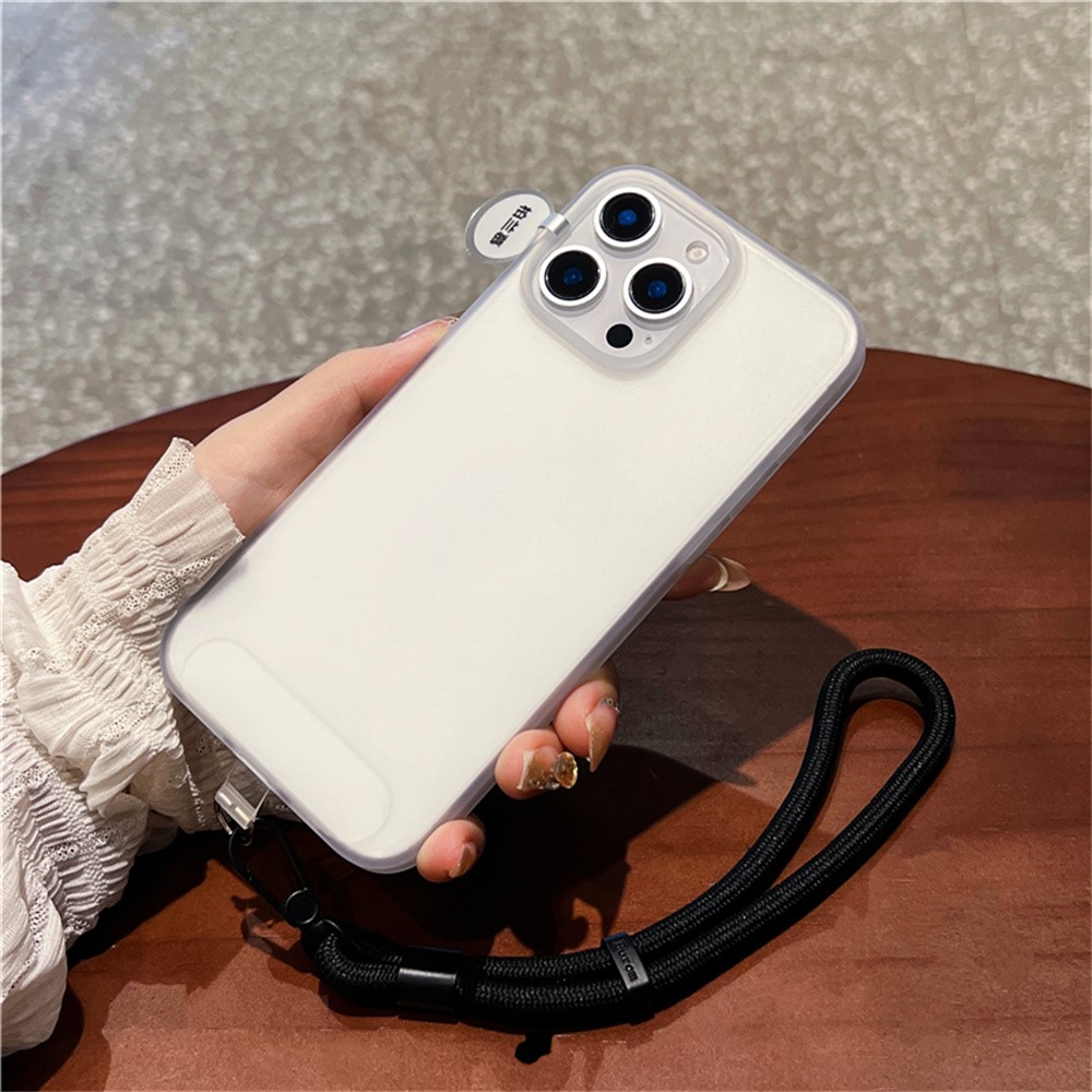 For iPhone 15 Pro Max Case Ice-Transparent Liquid Silicone + PC Phone Cover with Wrist Strap - White
