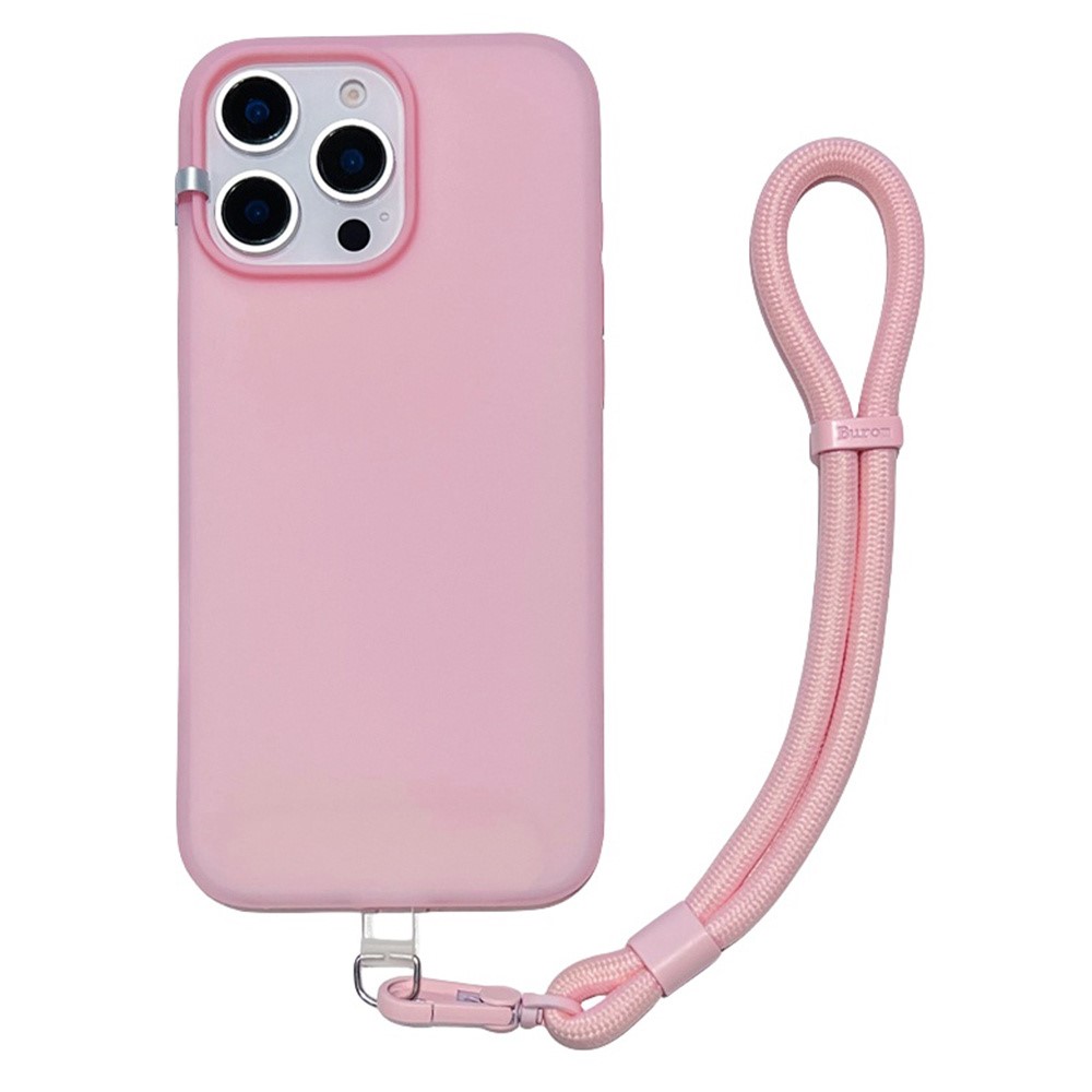 For iPhone 16 Pro Max Case Ice-Transparent Liquid Silicone + PC Phone Cover with Wrist Strap - Pink