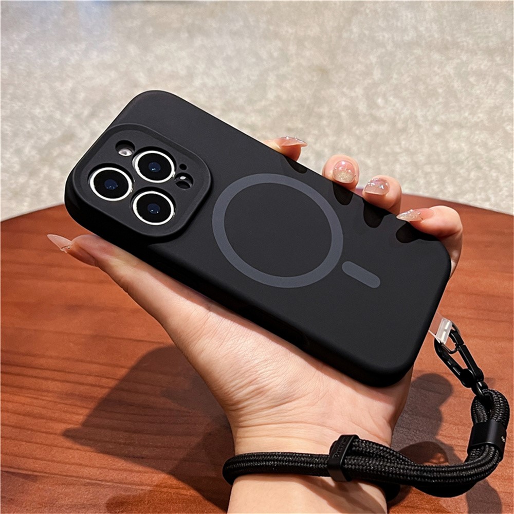 For iPhone 16 Pro Max Case Compatible with MagSafe Precise Cutouts Liquid Silicone + PC Phone Cover with Wrist Strap - Black