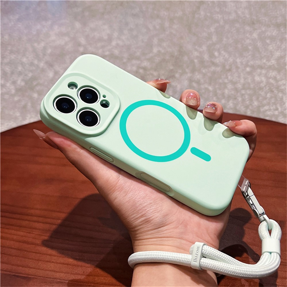 For iPhone 16 Pro Max Case Compatible with MagSafe Precise Cutouts Liquid Silicone + PC Phone Cover with Wrist Strap - Light Green